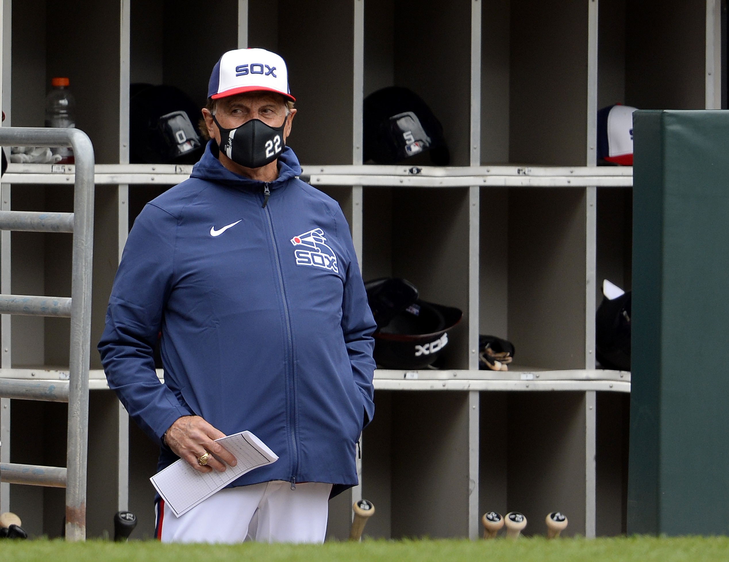 CHICAGO - APRIL 11:  Manager Tony La Russa #22 of the Chicago White Sox looks on against the Kansas City Royals on April 11, 2021 at Guaranteed Rate Field in Chicago, Illinois.  (Photo by Ron Vesely/Getty Images)