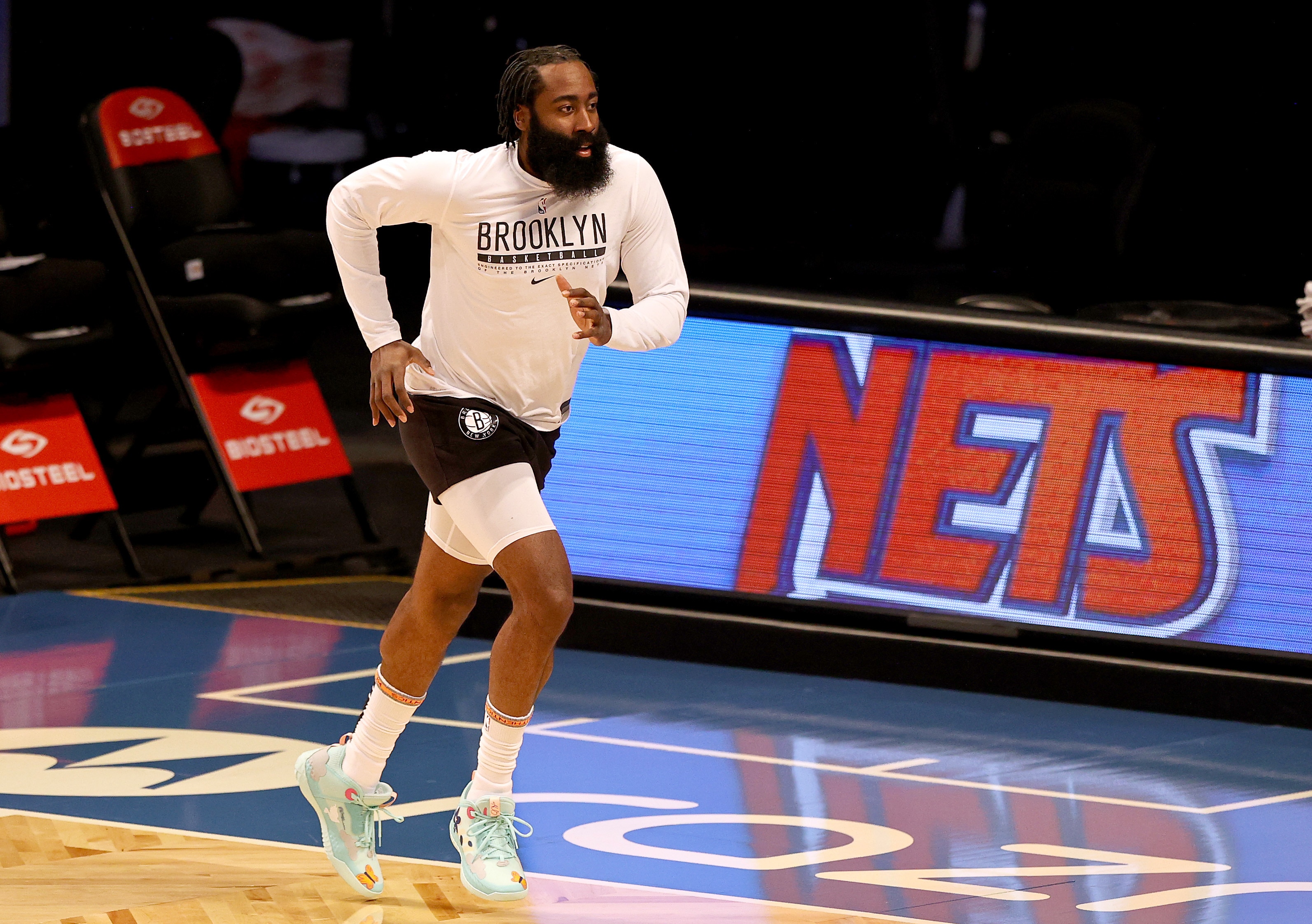 NEW YORK, NEW YORK - MAY 12:  James Harden #13 of the Brooklyn Nets warms up before the game against the San Antonio Spurs at Barclays Center on May 12, 2021 in the Brooklyn borough of New York City.NOTE TO USER: User expressly acknowledges and agrees that, by downloading and or using this photograph, User is consenting to the terms and conditions of the Getty Images License Agreement. (Photo by Elsa/Getty Images)