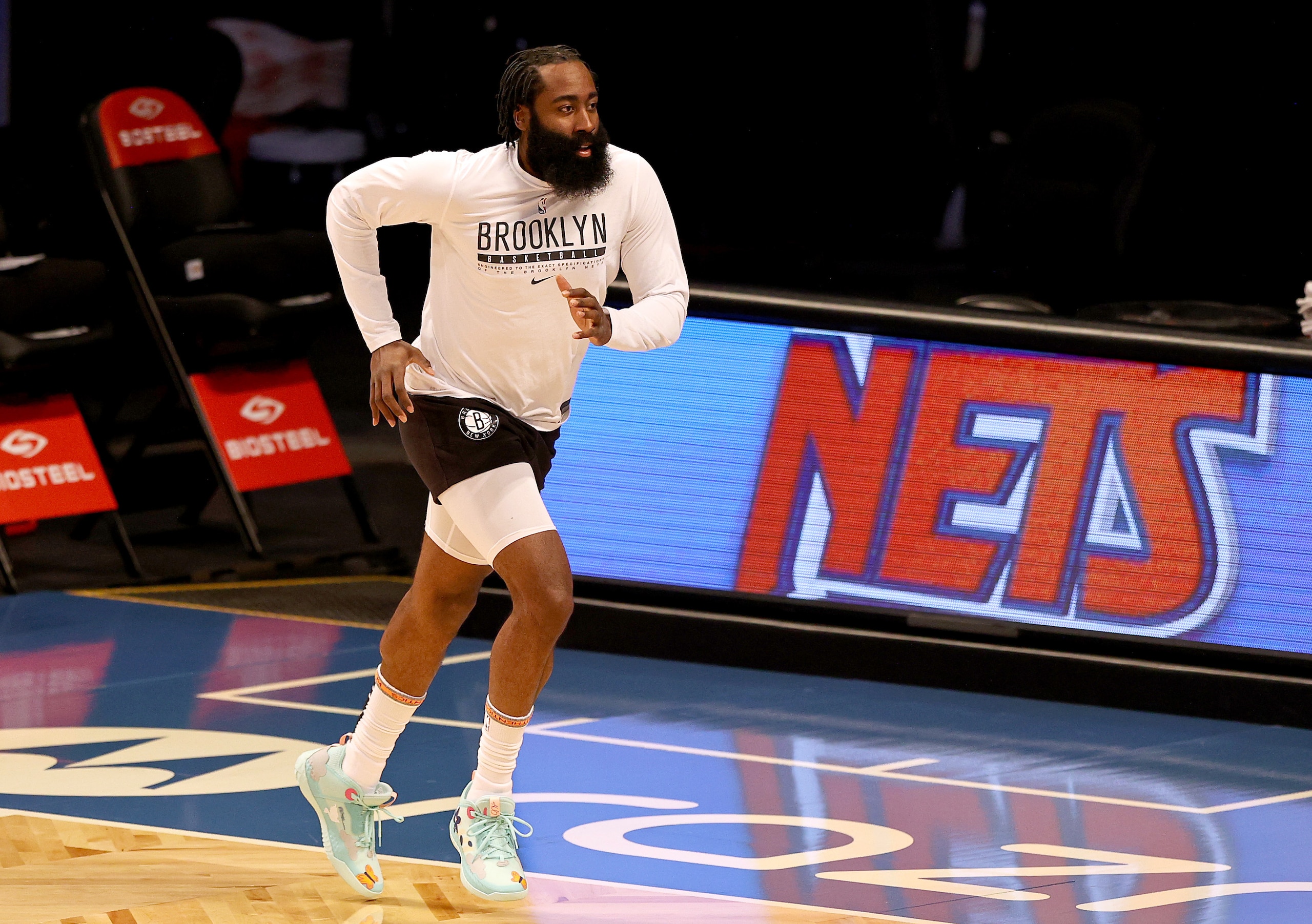 NEW YORK, NEW YORK - MAY 12:  James Harden #13 of the Brooklyn Nets warms up before the game against the San Antonio Spurs at Barclays Center on May 12, 2021 in the Brooklyn borough of New York City.NOTE TO USER: User expressly acknowledges and agrees that, by downloading and or using this photograph, User is consenting to the terms and conditions of the Getty Images License Agreement. (Photo by Elsa/Getty Images)