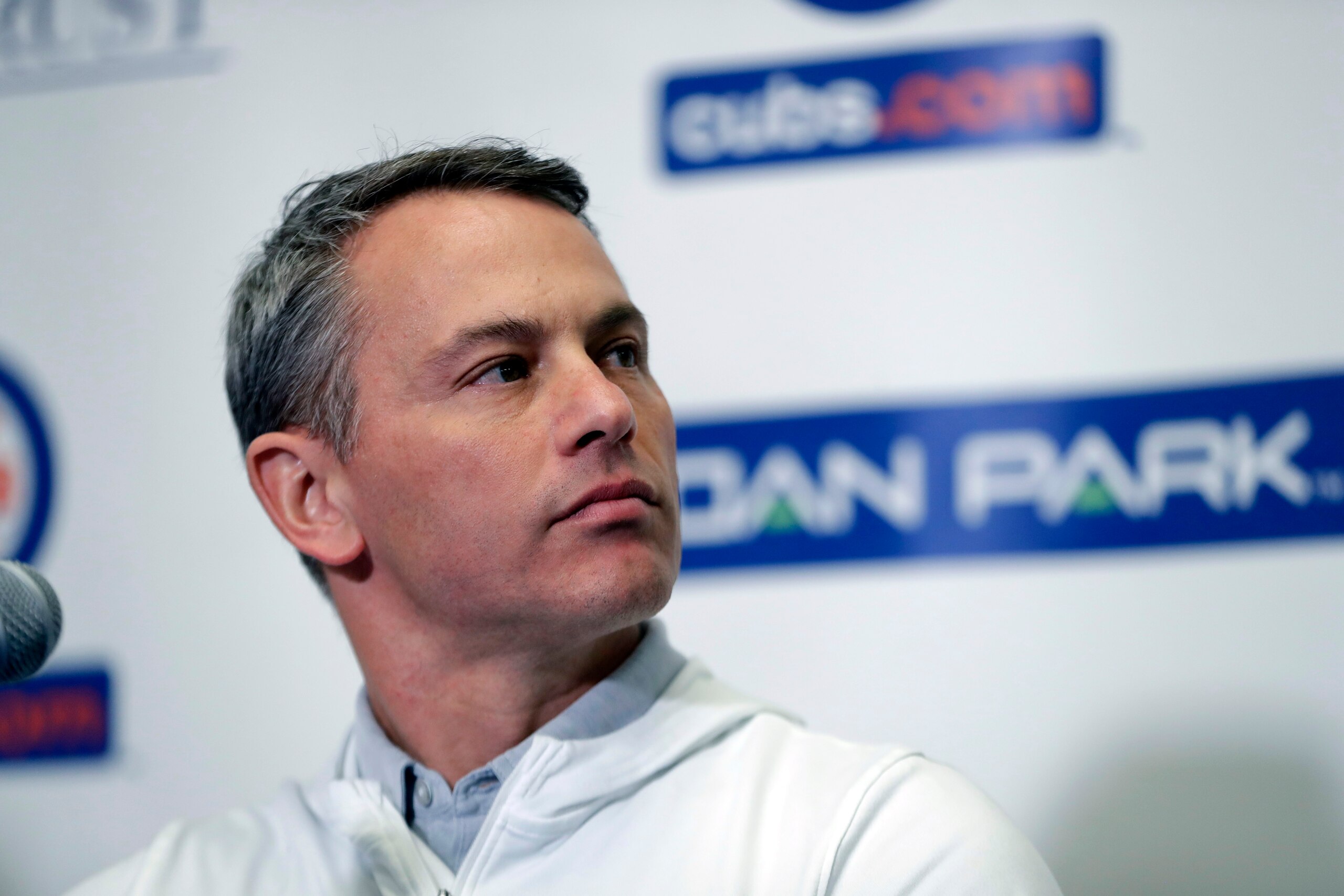 Chicago Cubs Executive Vice President and General Manager Jed Hoyer seen during a media availability at the team's spring training baseball facility Tuesday, Feb. 13, 2018, in Mesa, Az. (AP Photo/Carlos Osorio)