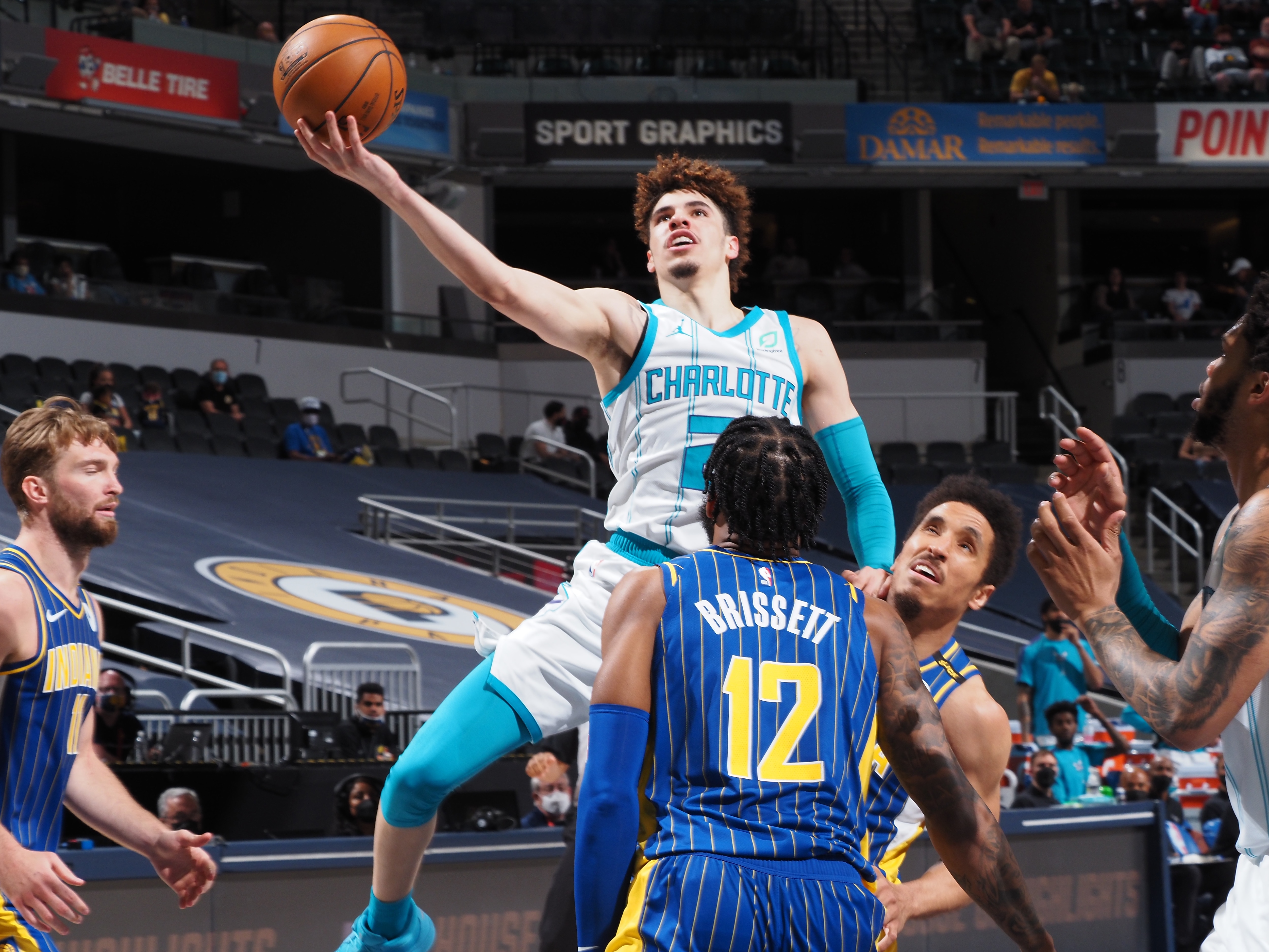 INDIANAPOLIS, IN - MAY 18: LaMelo Ball #2 of the Charlotte Hornets drives to the basket against the Indiana Pacers during the 2021 Play-In Tournament on May 18, 2021 at Bankers Life Fieldhouse in Indianapolis, Indiana. NOTE TO USER: User expressly acknowledges and agrees that, by downloading and or using this Photograph, user is consenting to the terms and conditions of the Getty Images License Agreement. Mandatory Copyright Notice: Copyright 2021 NBAE (Photo by Ron Hoskins/NBAE via Getty Images)