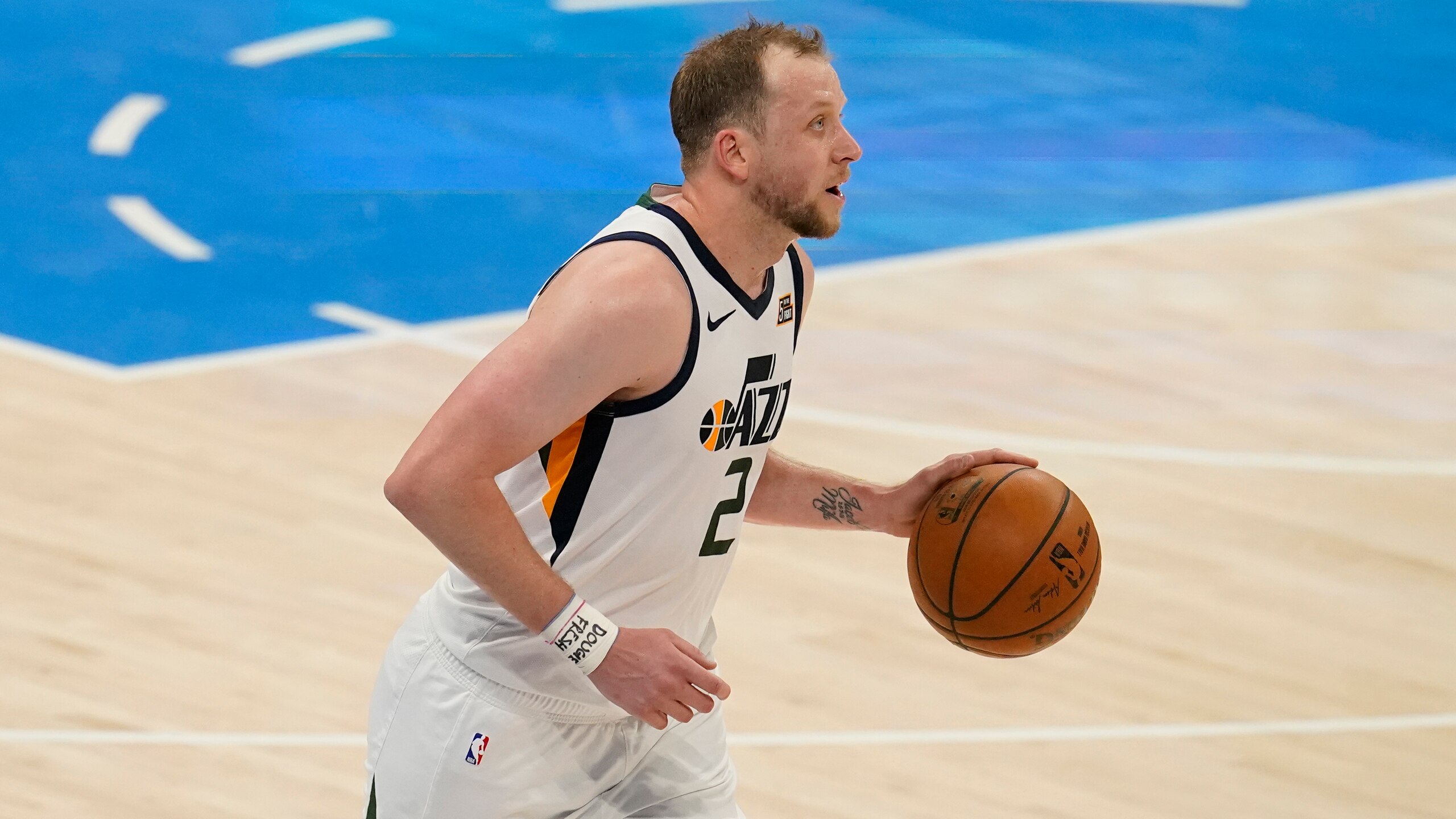 Utah Jazz guard Joe Ingles during an NBA basketball game against the Oklahoma City Thunder, Friday, May 14, 2021, in Oklahoma City. (AP Photo/Sue Ogrocki)