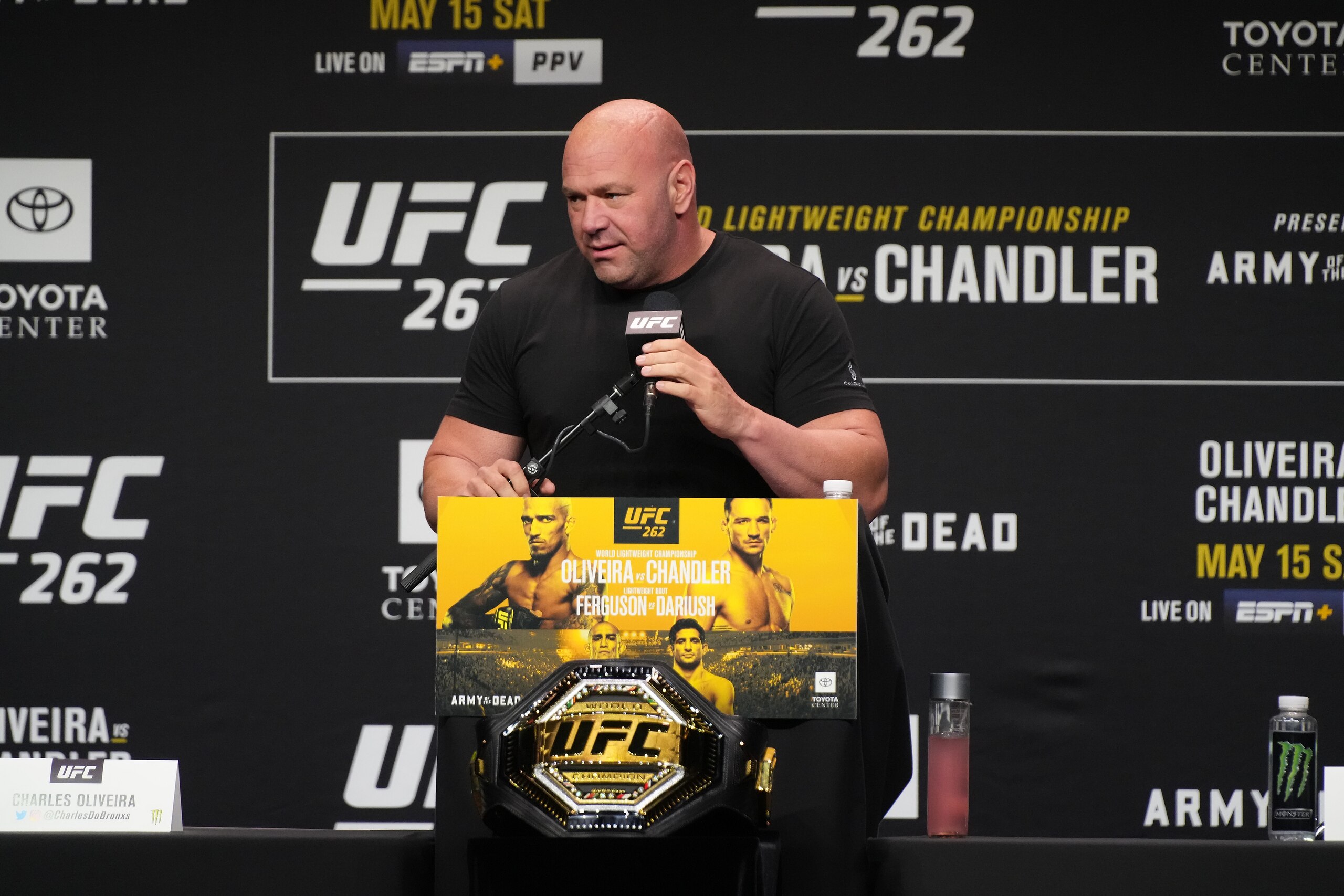 HOUSTON, TX - MAY 13: Dana White meets with the press and the fans during the official press conference for UFC 262 on May 13, 2021, at George R Brown Convention Center in Houston, TX. (Photo by Louis Grasse/PxImages/Icon Sportswire via Getty Images)