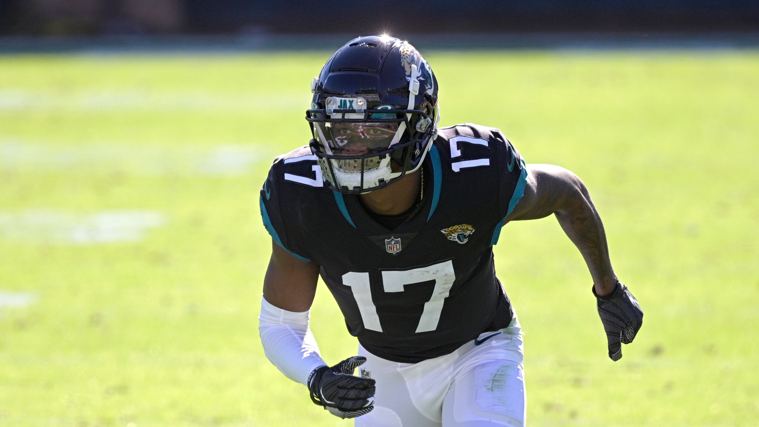 Jacksonville Jaguars wide receiver DJ Chark Jr. (17) runs a route during the first half of an NFL football game against the Chicago Bears, Sunday, Dec. 27, 2020, in Jacksonville, Fla. (AP Photo/Phelan M. Ebenhack)