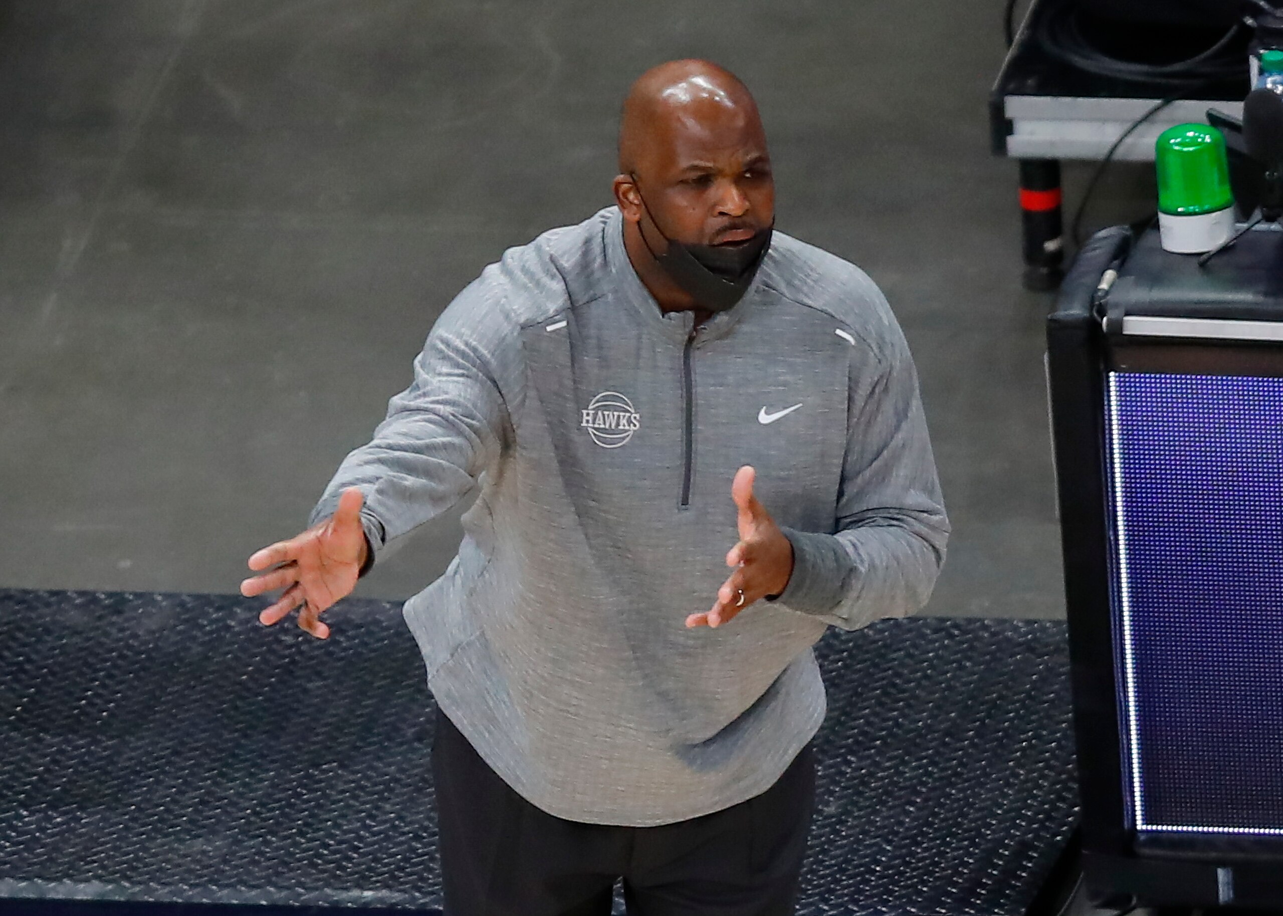 ATLANTA, GA - MARCH 18: Interim head coach Nate McMillan of the Atlanta Hawks reacts during the second half against the Oklahoma City Thunder at State Farm Arena on March 18, 2021 in Atlanta, Georgia. NOTE TO USER: User expressly acknowledges and agrees that, by downloading and/or using this photograph, user is consenting to the terms and conditions of the Getty Images License Agreement. (Photo by Todd Kirkland/Getty Images)