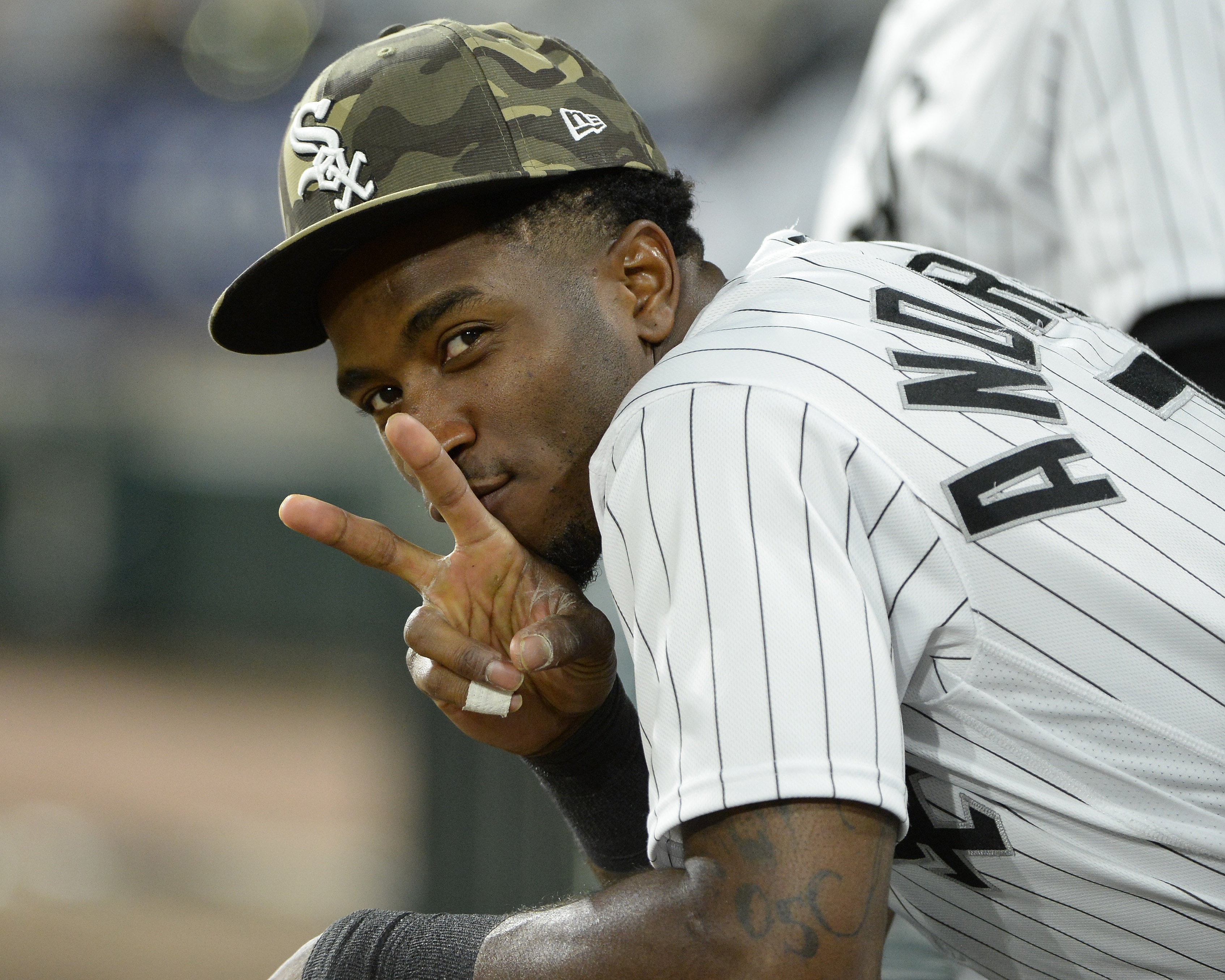 CHICAGO - MAY 14:  Tim Anderson #7 of the Chicago White Sox gestures while looking on against the Kansas City Royals during game two of a doubleheader on May 14, 2021 at Guaranteed Rate Field in Chicago, Illinois.  The players wore special caps and other items during Armed Forces Weekend, celebrated by Major League Baseball.  (Photo by Ron Vesely/Getty Images)