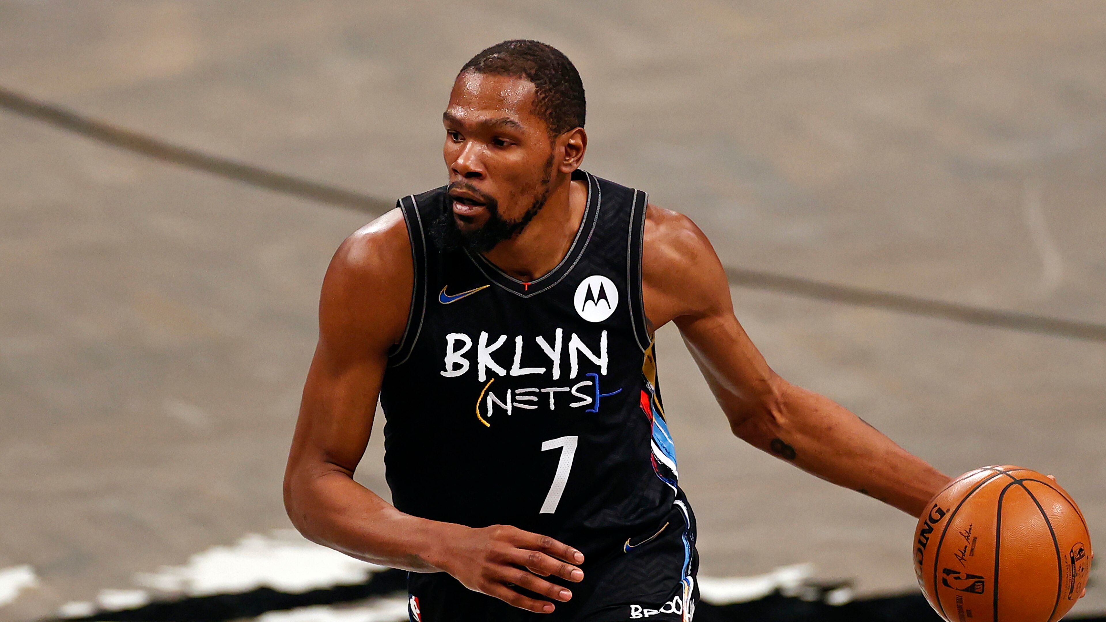 Brooklyn Nets forward Kevin Durant (7) dribbles against the Chicago Bulls during the second half of an NBA basketball game Saturday, May 15, 2021, in New York. (AP Photo/Adam Hunger)