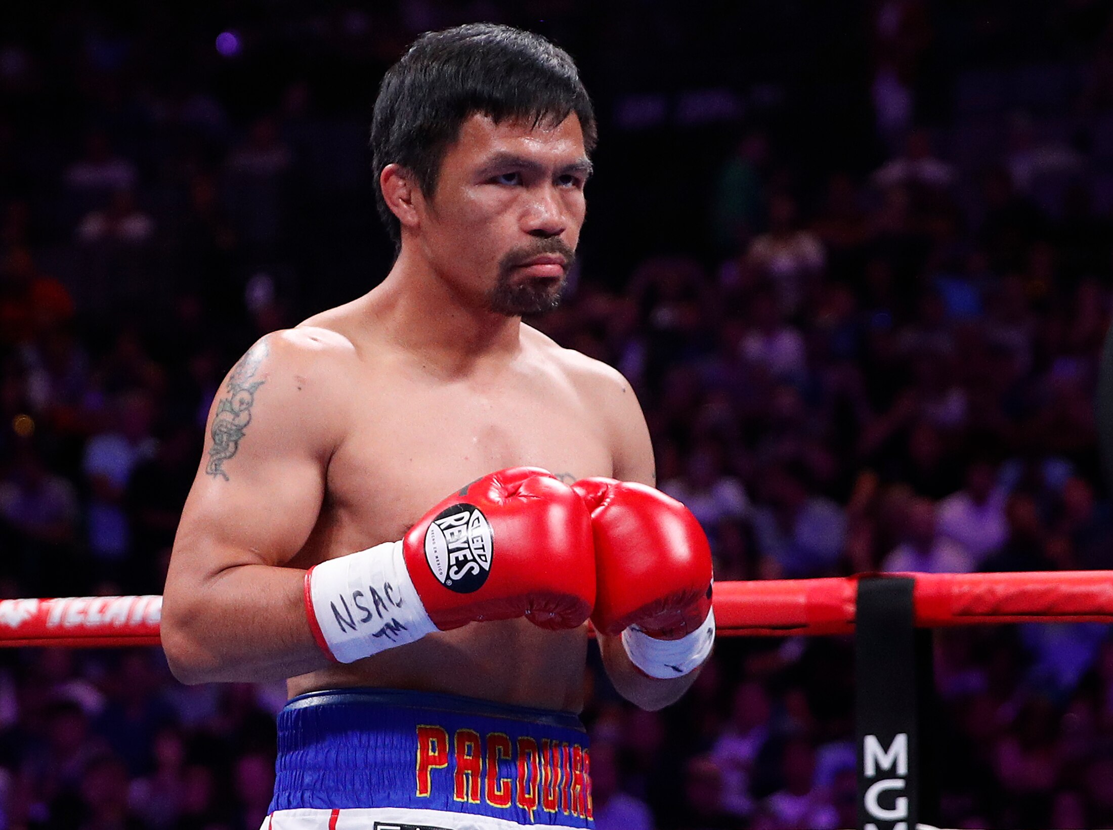 Manny Pacquiao prepares to fight Keith Thurman in a welterweight title fight Saturday, July 20, 2019, in Las Vegas. (AP Photo/John Locher)