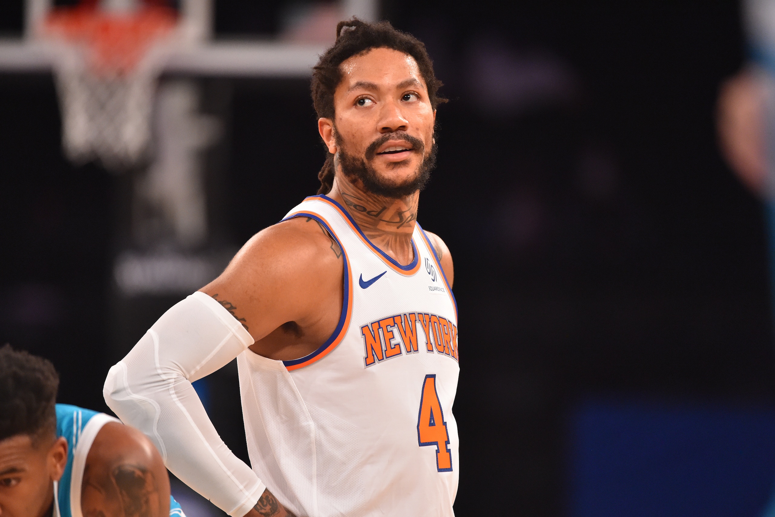 NEW YORK, NY - MAY 15: Derrick Rose #4 of the New York Knicks looks on during the game against the Charlotte Hornets on May 15, 2021 at Madison Square Garden in New York City, New York.  NOTE TO USER: User expressly acknowledges and agrees that, by downloading and or using this photograph, User is consenting to the terms and conditions of the Getty Images License Agreement. Mandatory Copyright Notice: Copyright 2021 NBAE  (Photo by Jesse D. Garrabrant/NBAE via Getty Images)