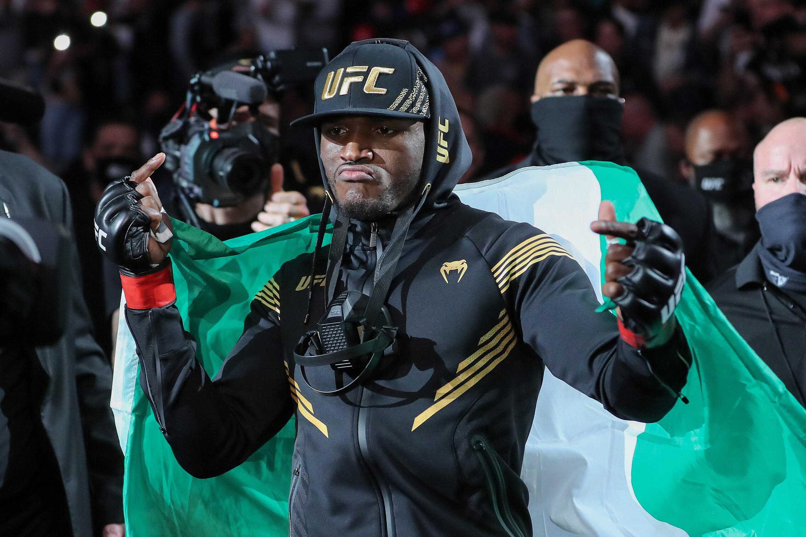 JACKSONVILLE, FL - APRIL 25: Kamaru Usman of Nigeria walk out during introductions to fight Jorge Masvidal of the United States during the Welterweight Title bout of UFC 261 at VyStar Veterans Memorial Arena on April 25, 2021 in Jacksonville, Florida.  (Photo by Alex Menendez/Getty Images)