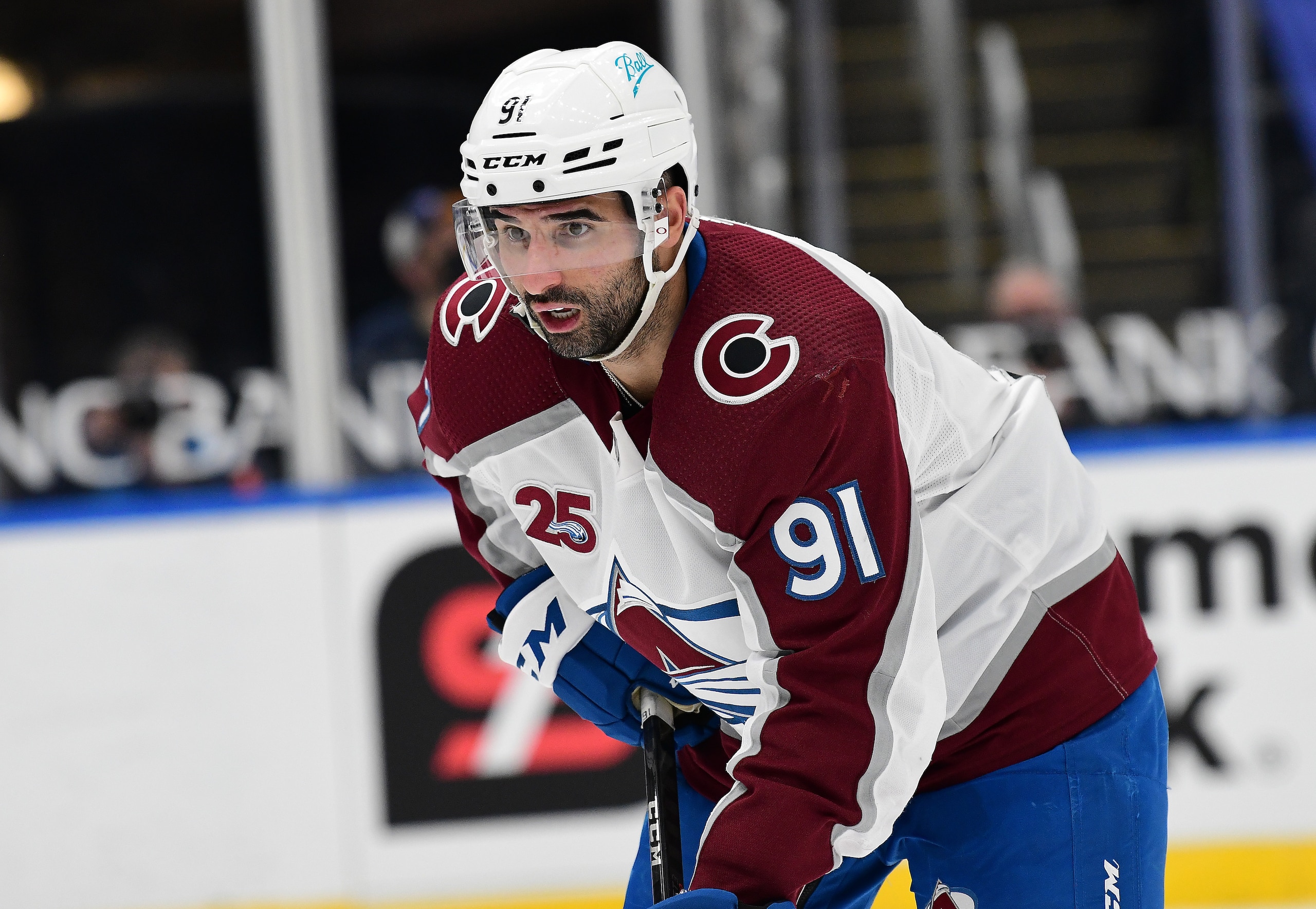ST. LOUIS, MO - APRIL 22: Colorado Avalanche centerman Nazem Kadri (91) during a NHL game between the Colorado Avalanche and the St. Louis Blues on April 22, 2021, at Enterprise Center, St. Louis, Mo. (Photo by Keith Gillett/Icon Sportswire via Getty Images),