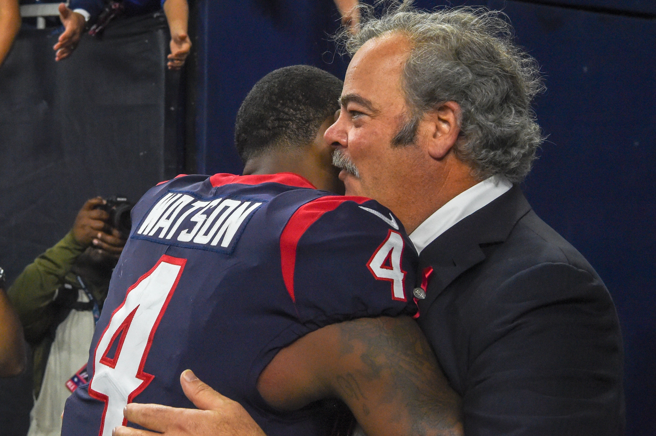 HOUSTON, TX - NOVEMBER 26: Texans Chairman and new CEO, D. Cal McNair hugs Houston Texans Quarterback Deshaun Watson (4) following the football game between the Tennessee Titans and Houston Texans on November 26, 2018 at NRG Stadium in Houston, Texas. (Photo by Ken Murray/Icon Sportswire via Getty Images)