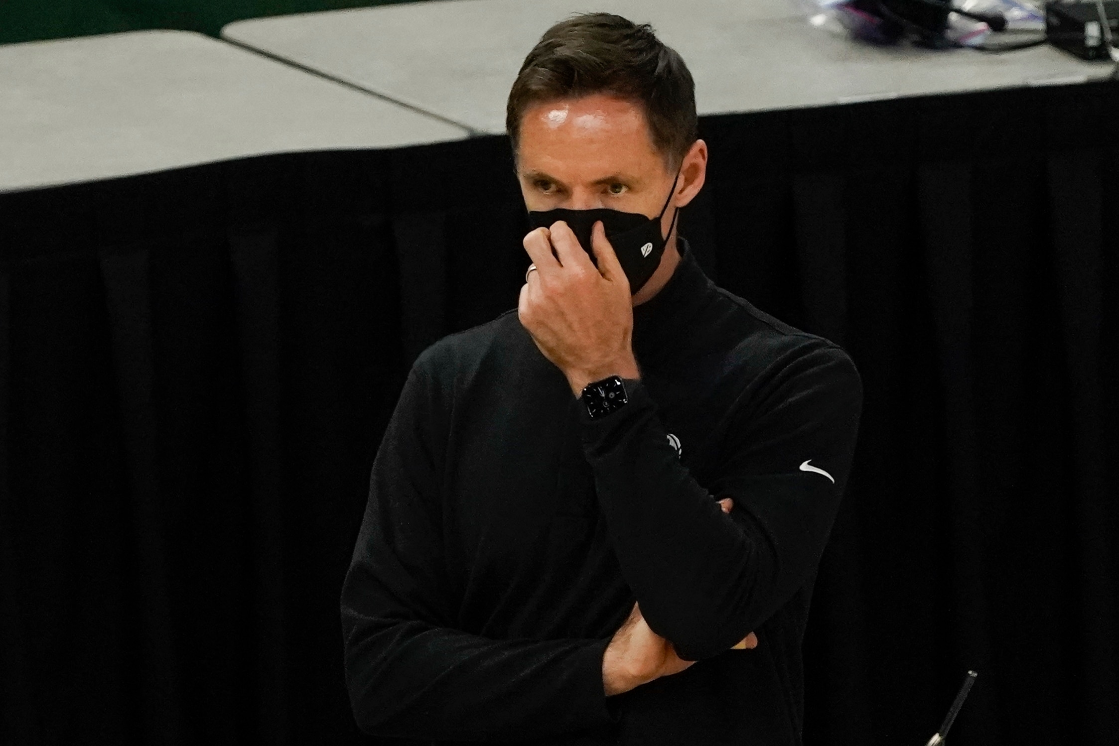 Brooklyn Nets head coach Steve Nash reacts during the first half of an NBA basketball game against the Milwaukee Bucks Sunday, May 2, 2021, in Milwaukee. (AP Photo/Morry Gash)