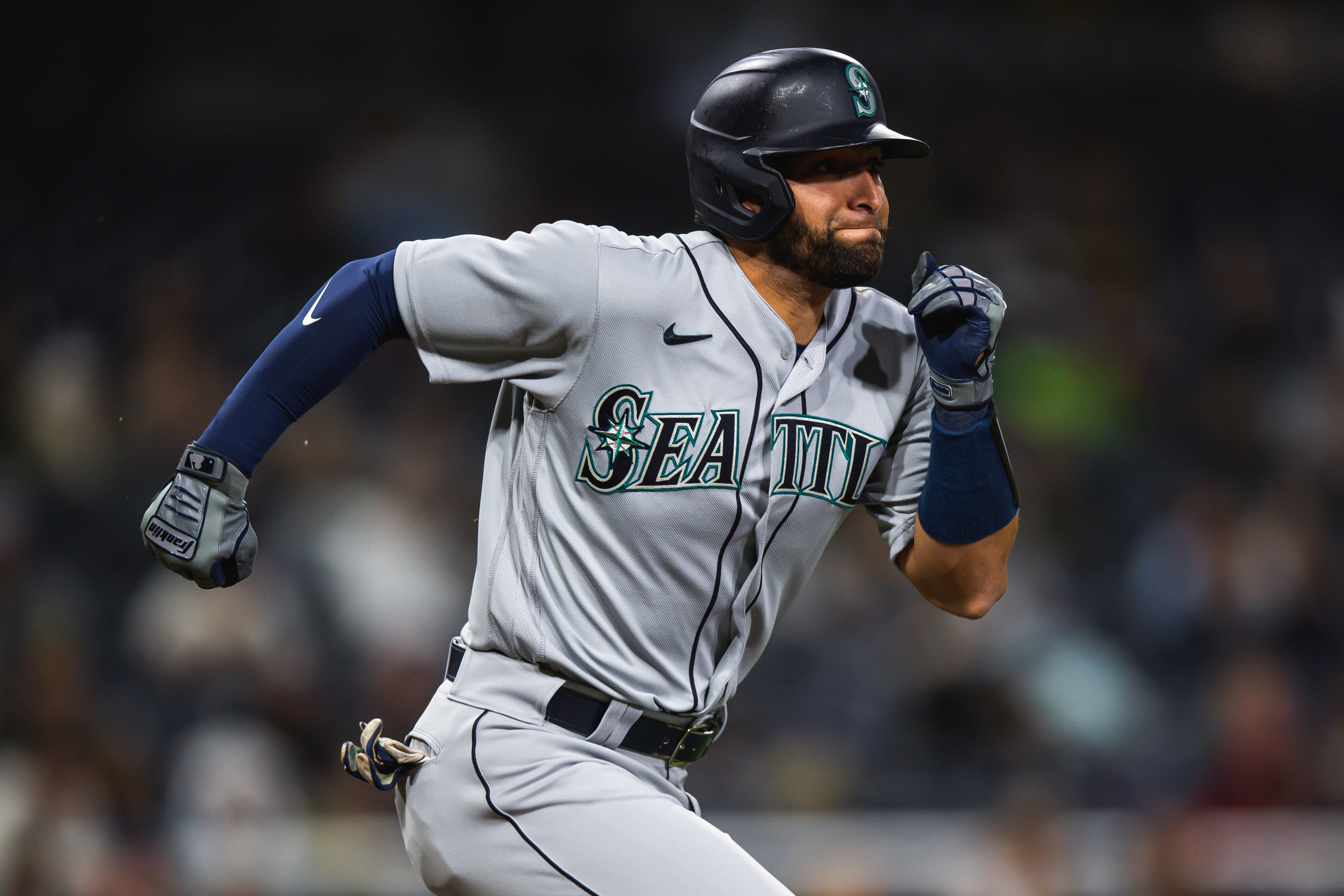SAN DIEGO, CA - MAY 21: Jose Godoy #78 of the Seattle Mariners runs down the first base against the San Diego Padres at Petco Park on May 21, 2021 in San Diego, California. (Photo by Matt Thomas/San Diego Padres/Getty Images)