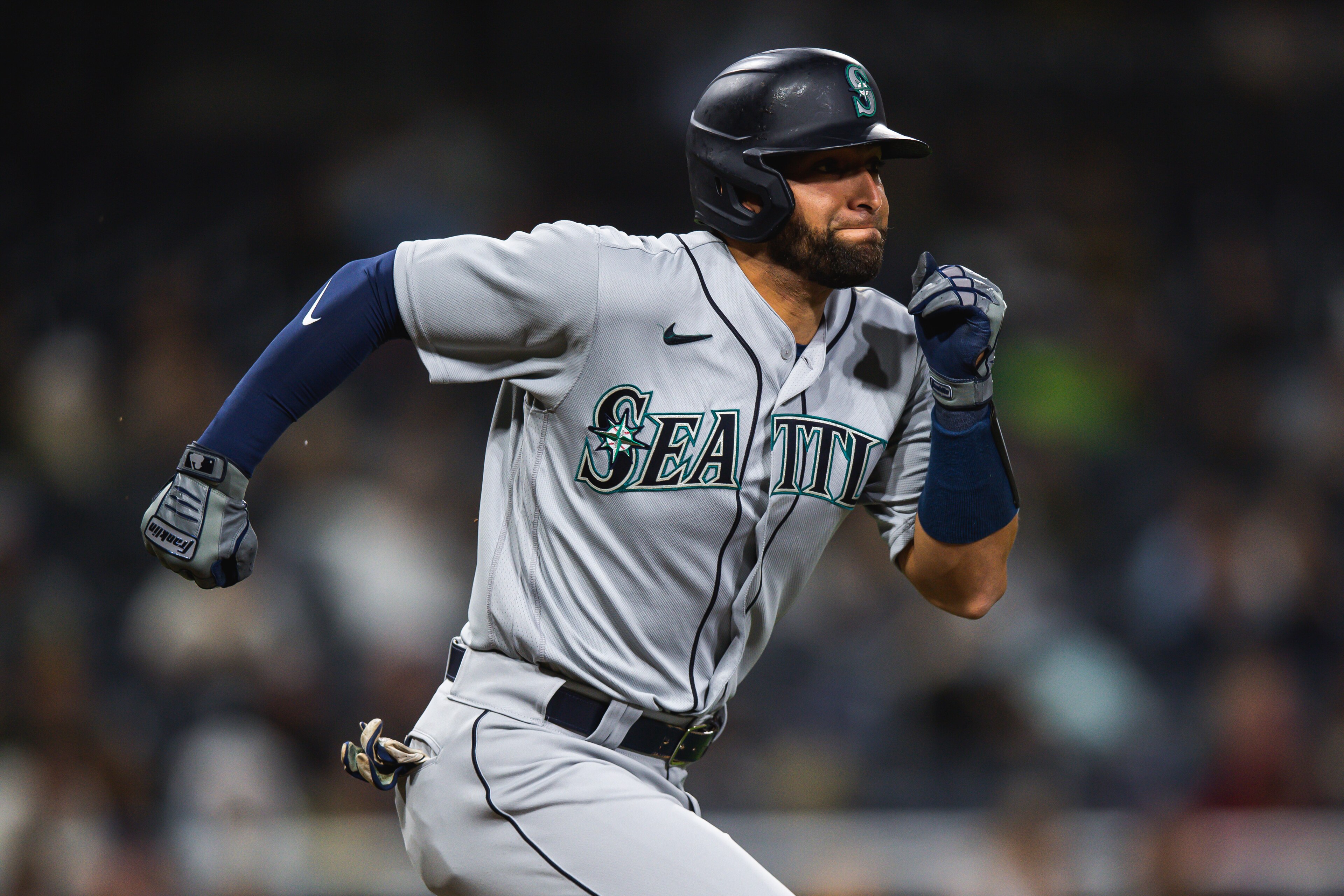 SAN DIEGO, CA - MAY 21: Jose Godoy #78 of the Seattle Mariners runs down the first base against the San Diego Padres at Petco Park on May 21, 2021 in San Diego, California. (Photo by Matt Thomas/San Diego Padres/Getty Images)