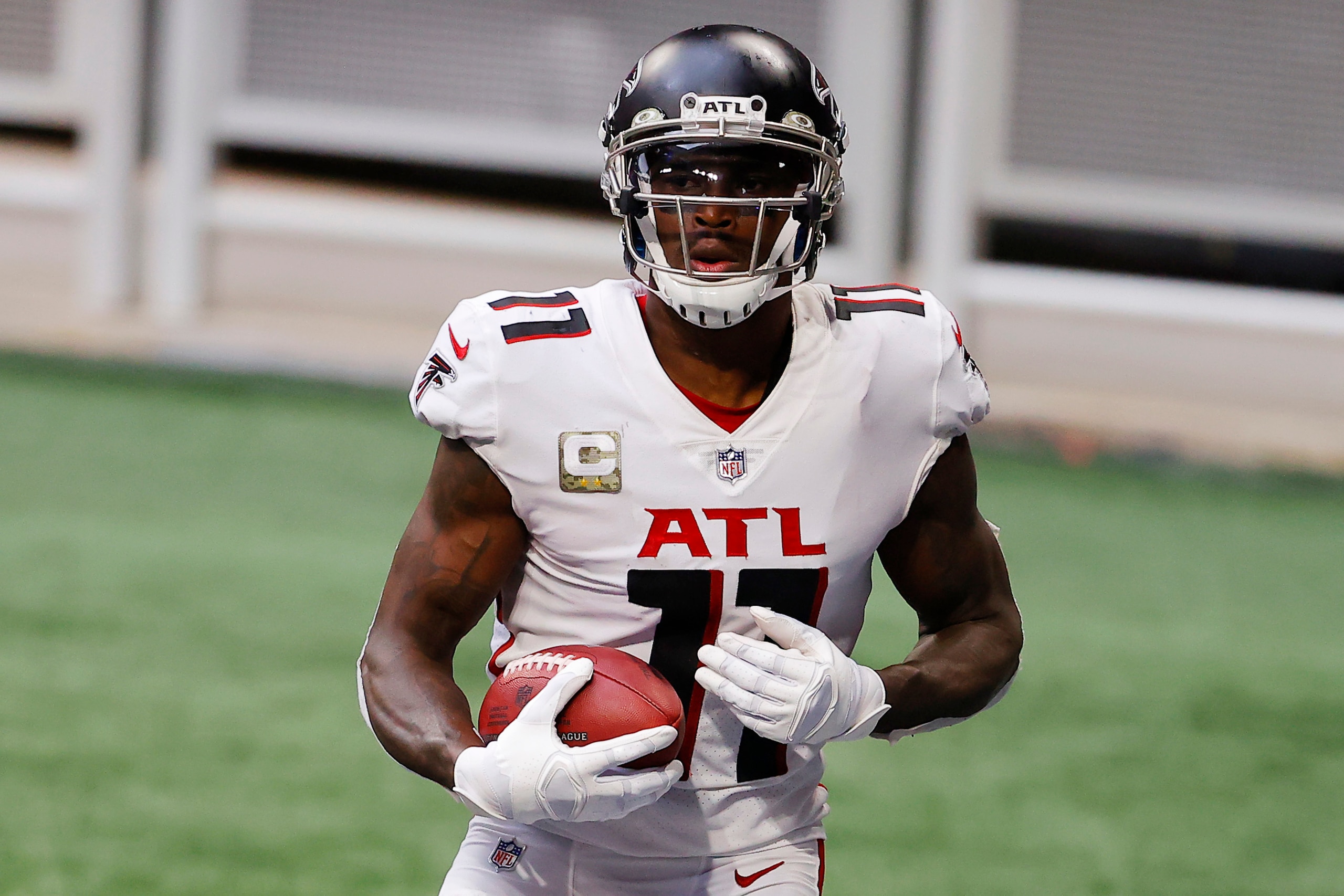 ATLANTA, GEORGIA - NOVEMBER 08: Julio Jones #11 of the Atlanta Falcons reacts after scoring a touchdown during the third quarter against the Denver Broncos at Mercedes-Benz Stadium on November 08, 2020 in Atlanta, Georgia. (Photo by Kevin C. Cox/Getty Images)