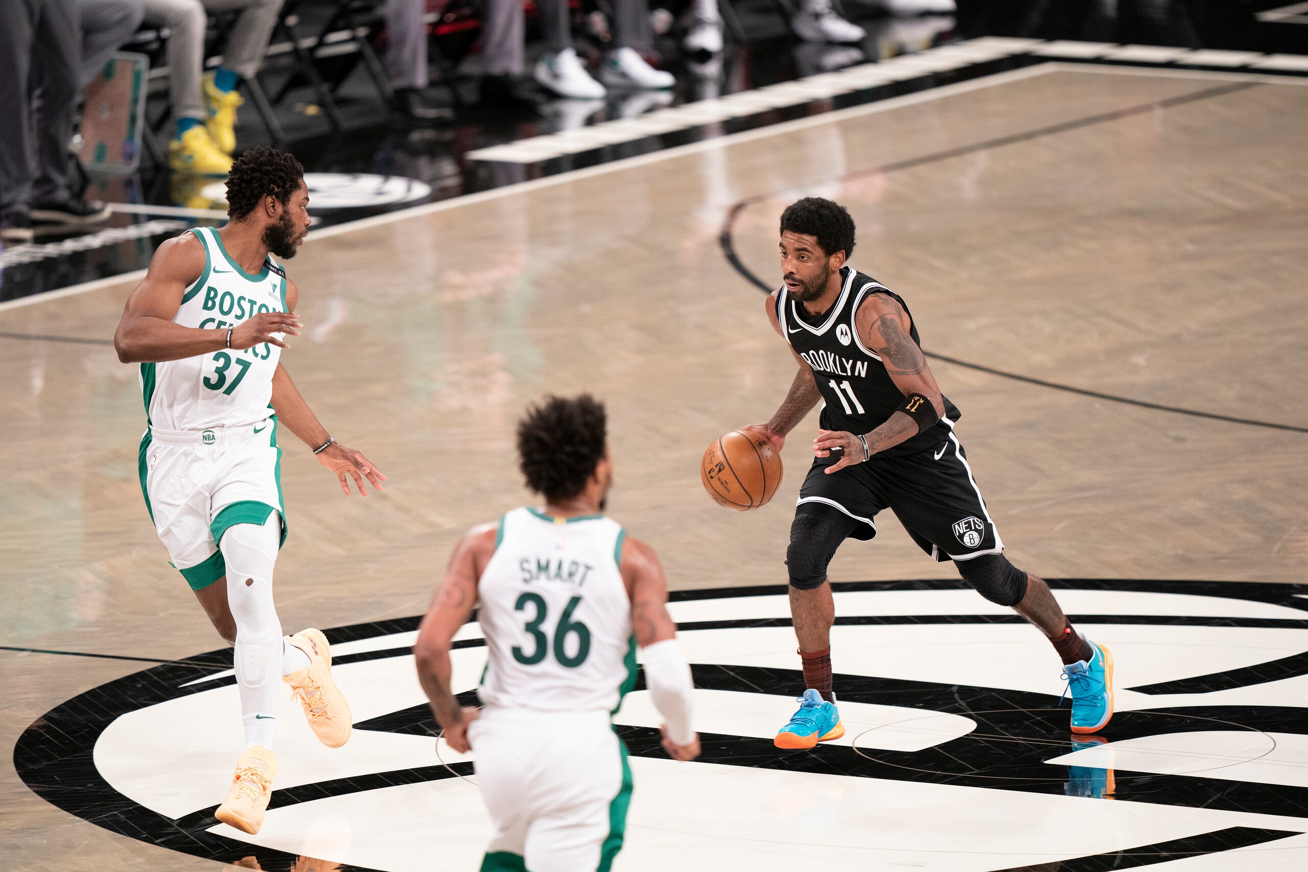 Basketball: Brooklyn Nets Kyrie Irving (11) in action vs Boston Celtics at Barclays Center. 
Brooklyn, NY 4/23/2021
CREDIT: Erick W. Rasco (Photo by Erick W. Rasco/Sports Illustrated via Getty Images) (Set Number: X163593 TK1)