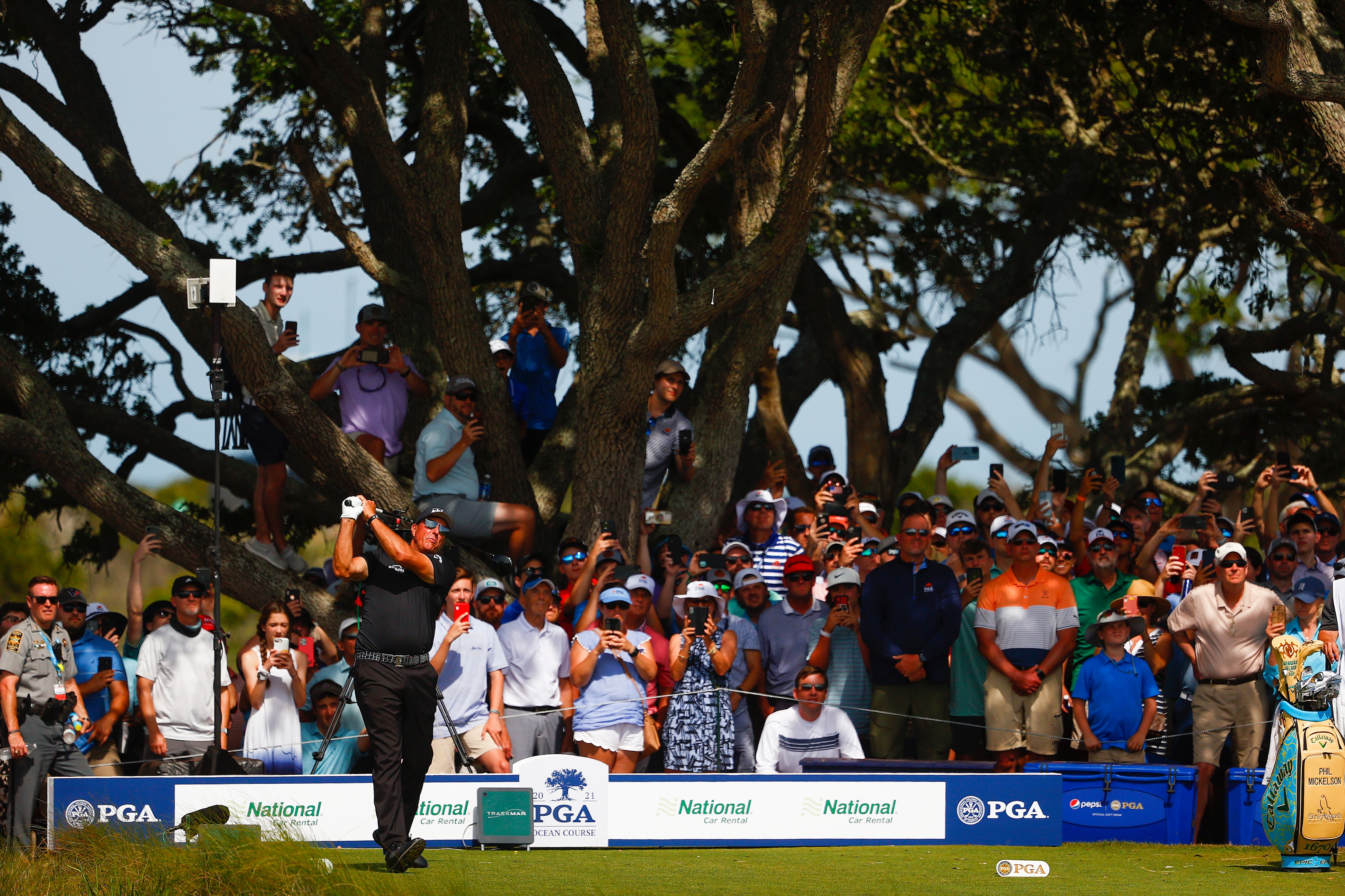 KIAWAH ISLAND, SOUTH CAROLINA - MAY 22: Phil Mickelson of the United States plays his shot from the seventh tee during the third round of the 2021 PGA Championship at Kiawah Island Resort's Ocean Course on May 22, 2021 in Kiawah Island, South Carolina. (Photo by Maddie Meyer/PGA of America/PGA of America via Getty Images)