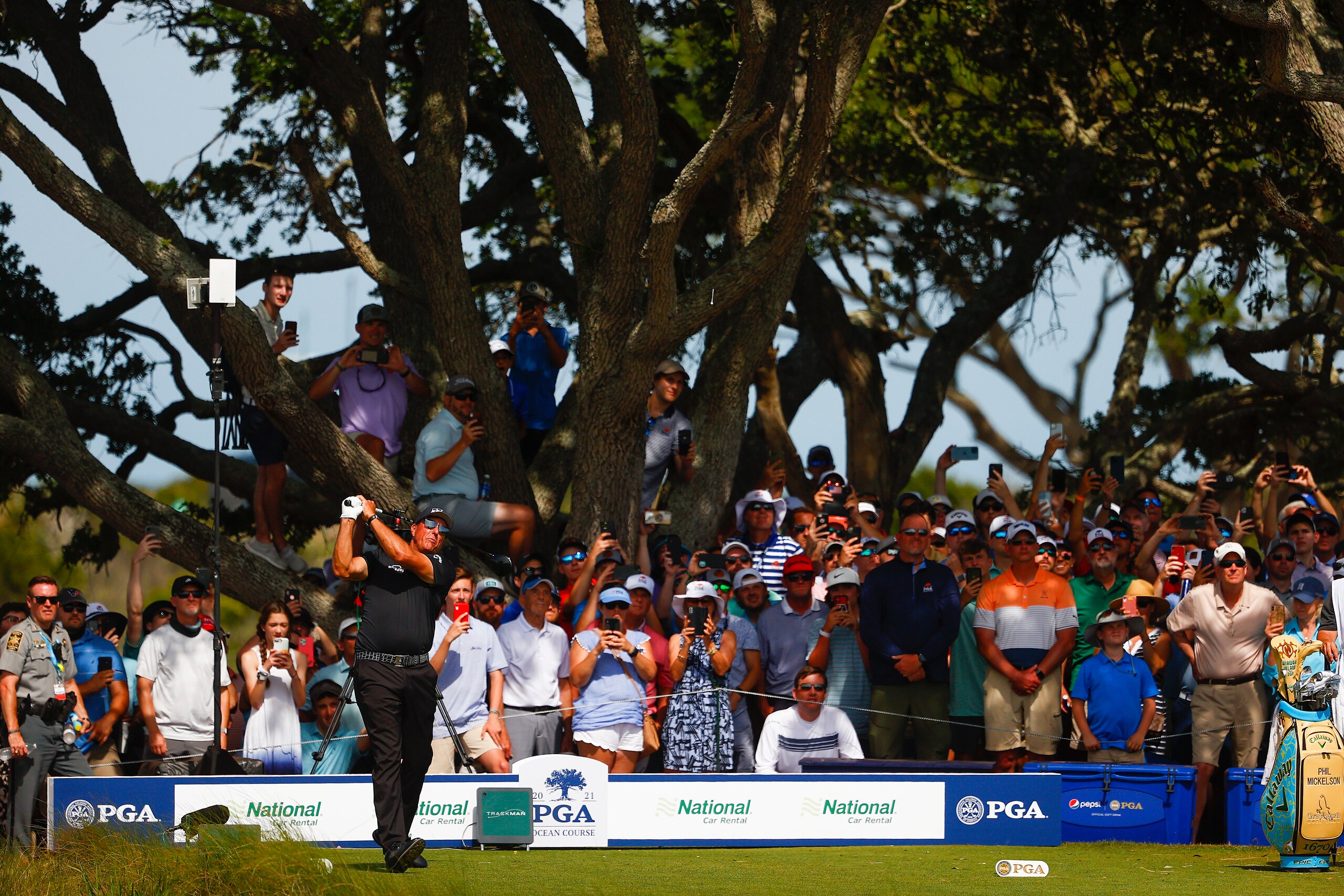 KIAWAH ISLAND, SOUTH CAROLINA - MAY 22: Phil Mickelson of the United States plays his shot from the seventh tee during the third round of the 2021 PGA Championship at Kiawah Island Resort's Ocean Course on May 22, 2021 in Kiawah Island, South Carolina. (Photo by Maddie Meyer/PGA of America/PGA of America via Getty Images)