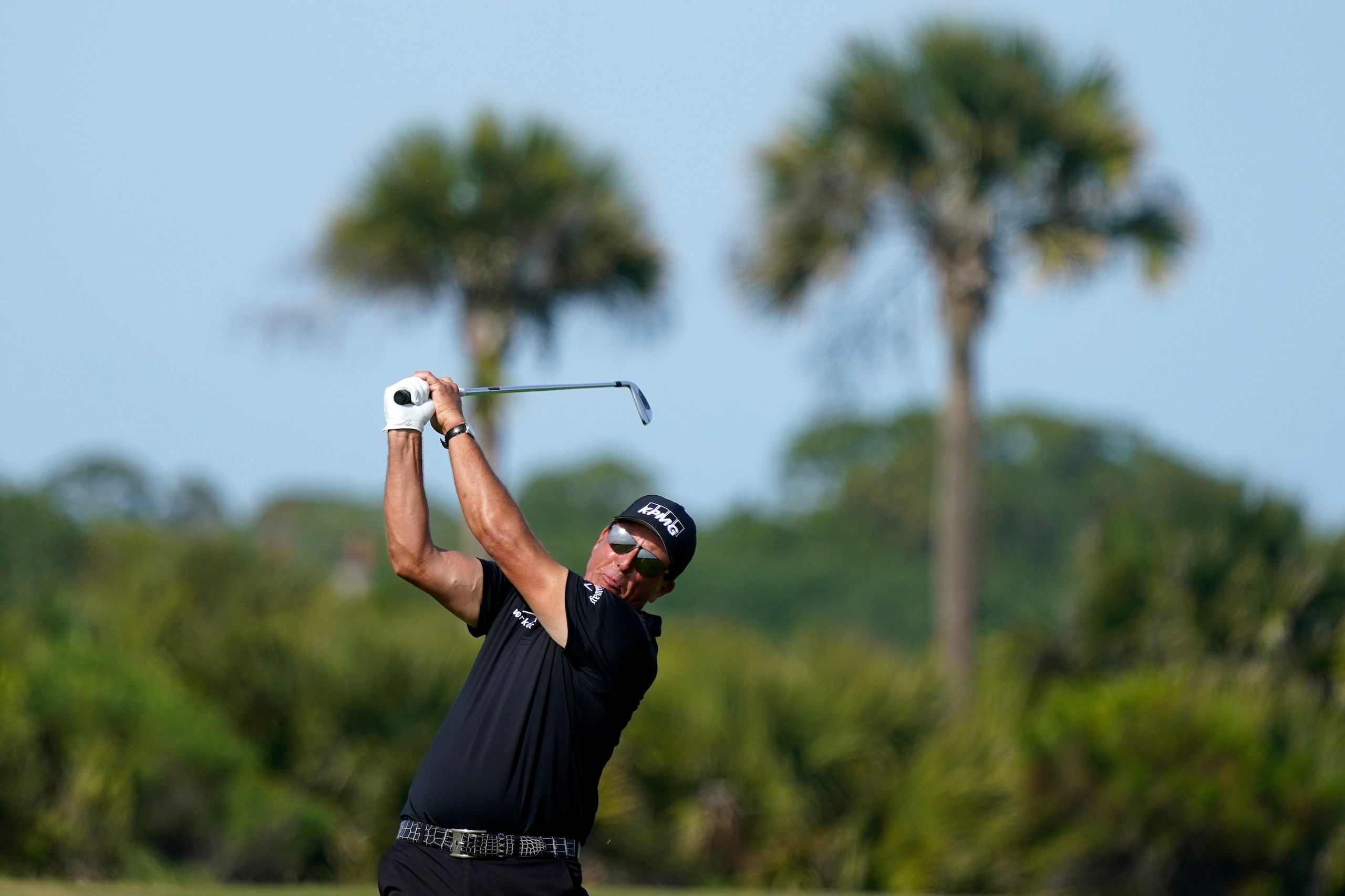 Phil Mickelson works on the 11th fairway during the third round at the PGA Championship golf tournament on the Ocean Course, Saturday, May 22, 2021, in Kiawah Island, S.C. (AP Photo/Matt York)