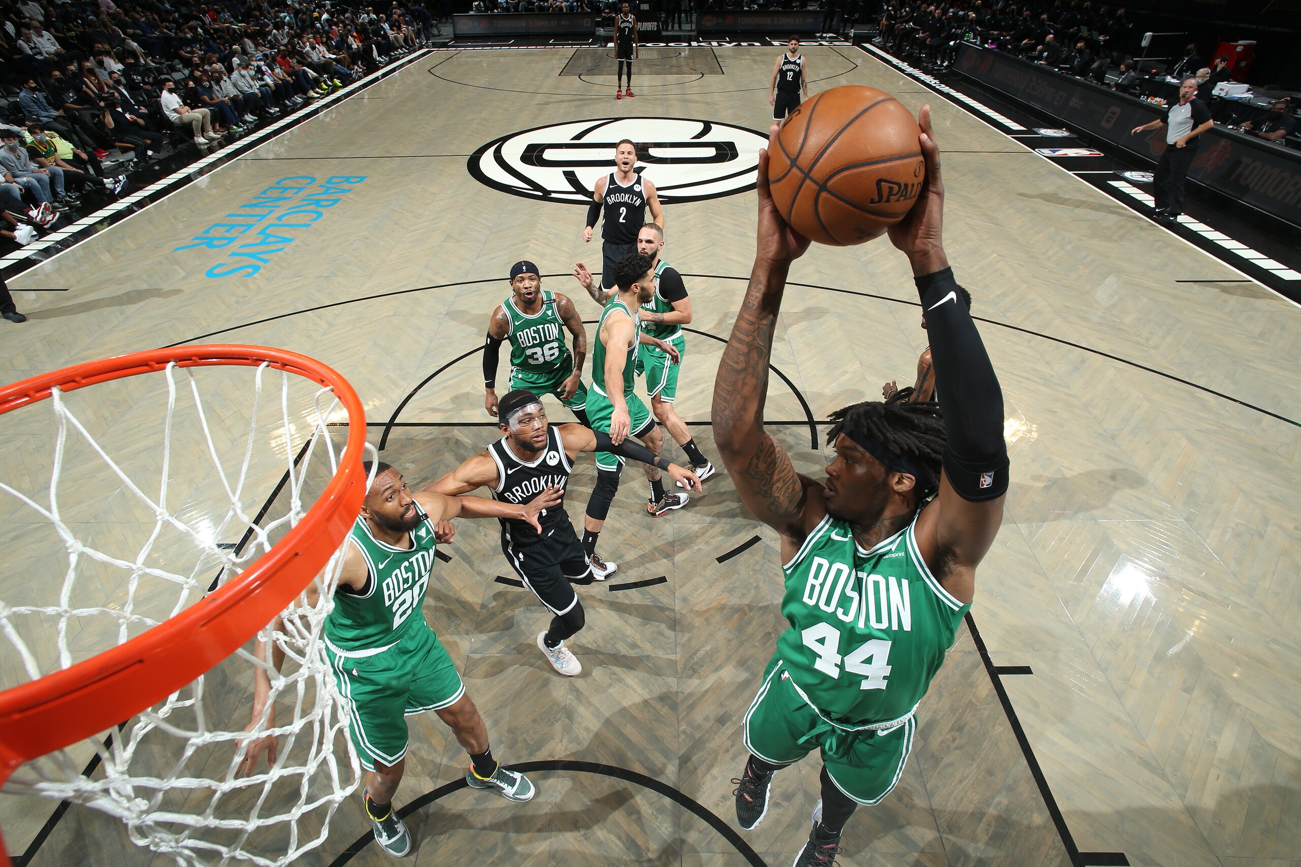BROOKLYN, NY -  MAY 22: Robert Williams III #44 of the Boston Celtics rebounds the ball against the Brooklyn Nets during Round 1, Game 1 of the 2021 NBA Playoffs on May 22, 2021 at Barclays Center in Brooklyn, New York. NOTE TO USER: User expressly acknowledges and agrees that, by downloading and or using this Photograph, user is consenting to the terms and conditions of the Getty Images License Agreement. Mandatory Copyright Notice: Copyright 2021 NBAE (Photo by Nathaniel S. Butler/NBAE via Getty Images)