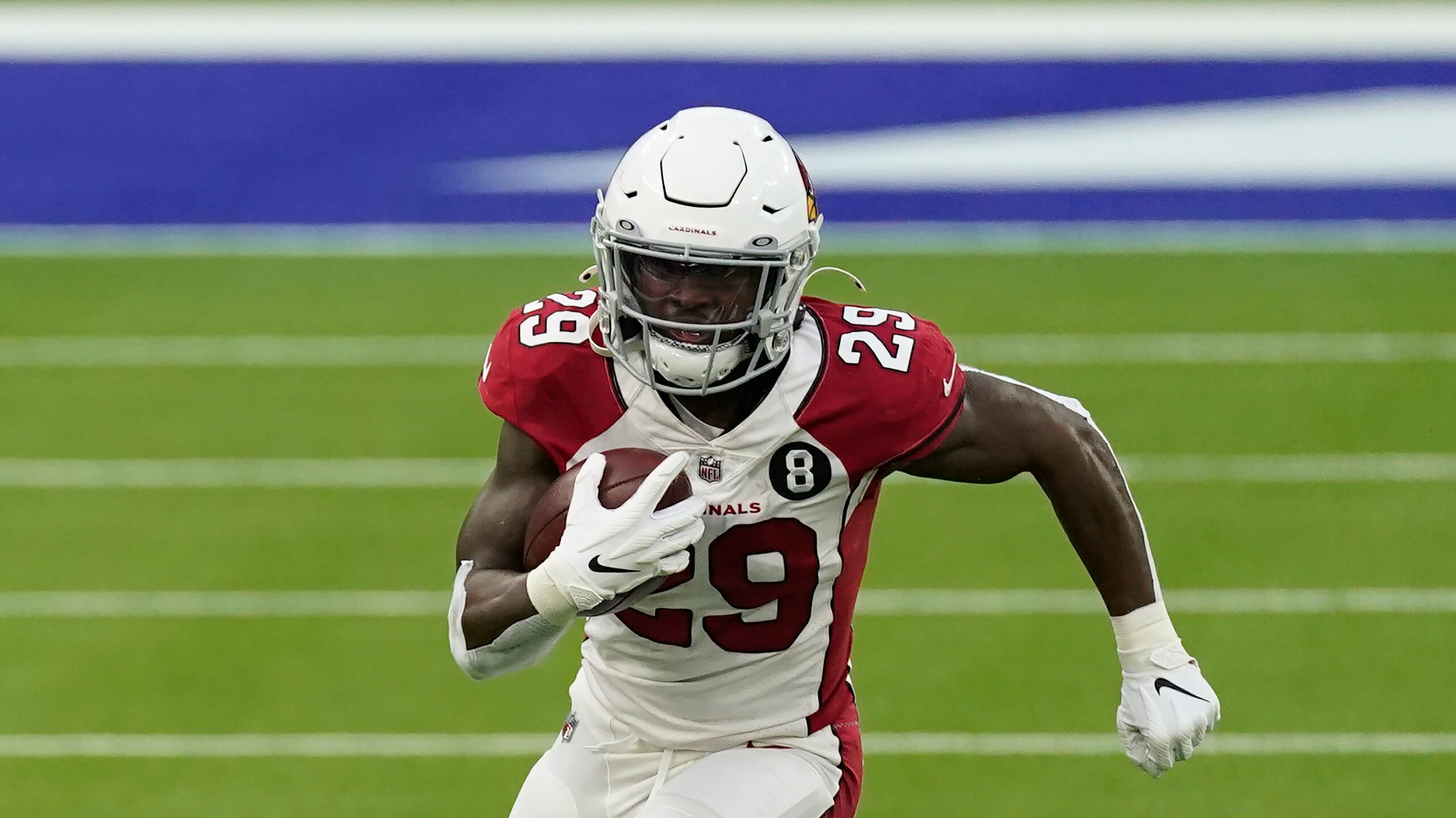 Arizona Cardinals running back Chase Edmonds (29) runs the ball during the second half of an NFL football game against the Los Angeles Rams Sunday, Jan. 3, 2021, in Inglewood, Calif. (AP Photo/Ashley Landis)