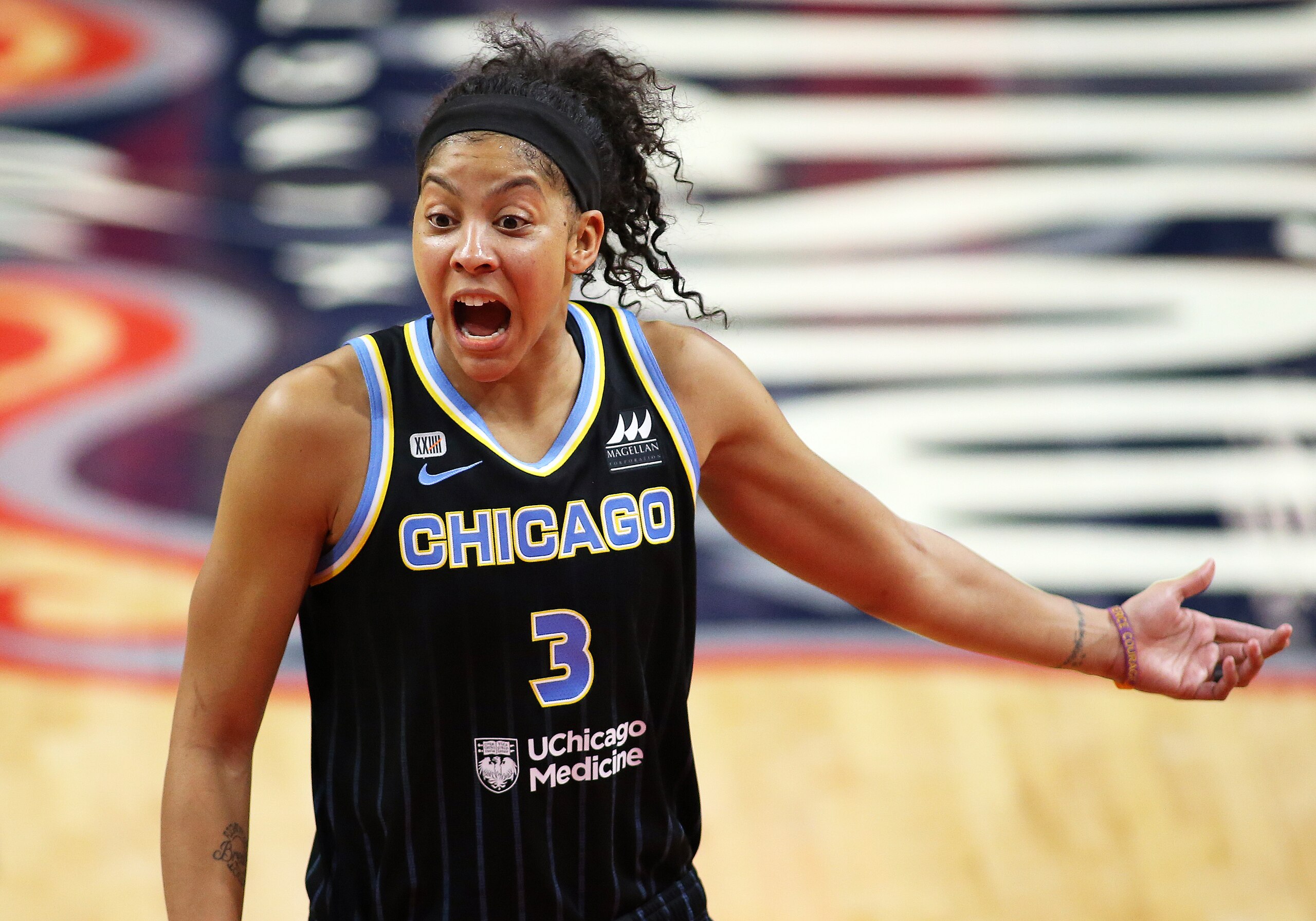 Chicago Sky forward Candace Parker (3) in action during a WNBA basketball game, Saturday, May 15, 2021, in Washington. (AP Photo/Daniel Kucin Jr.)