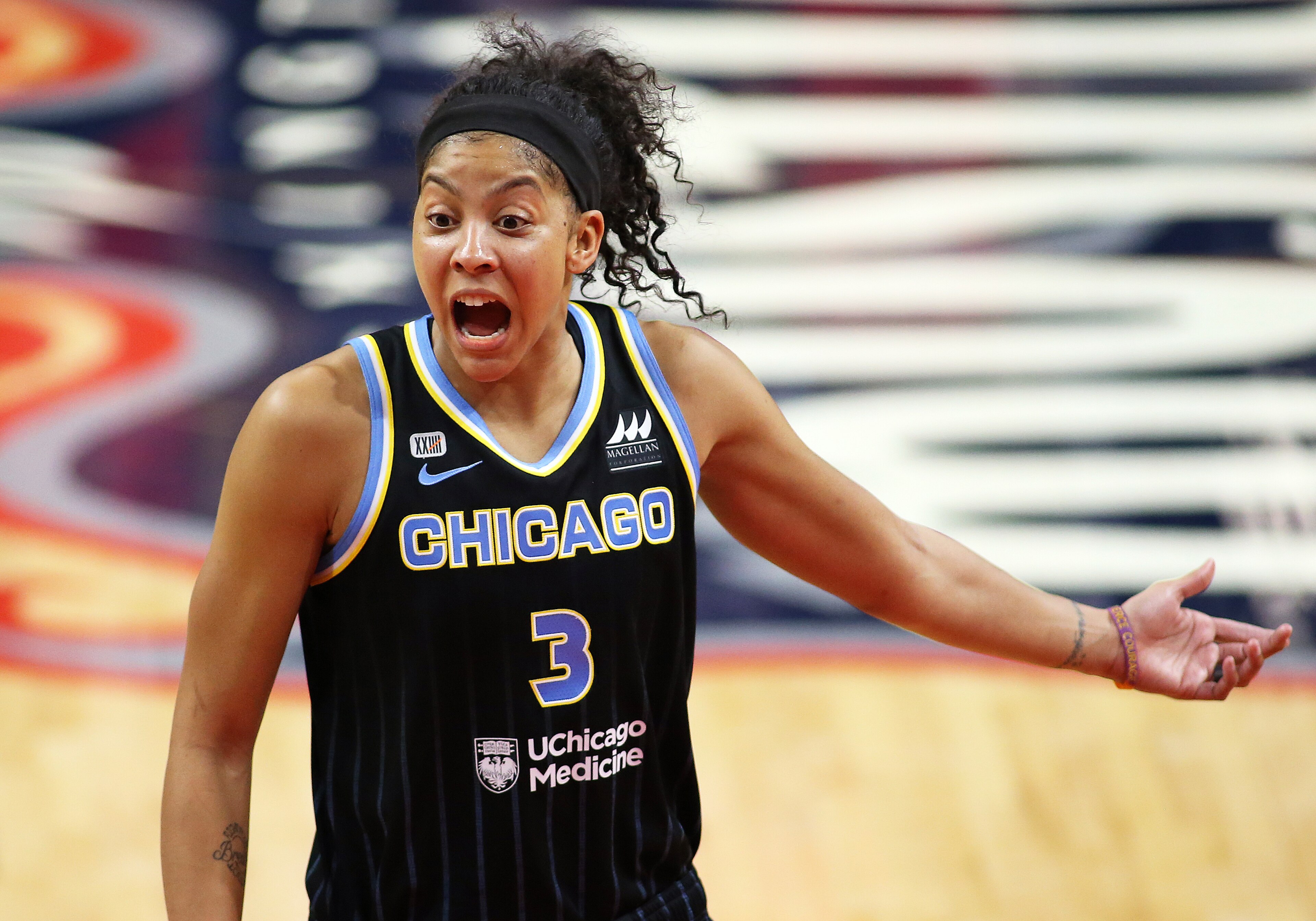 Chicago Sky forward Candace Parker (3) in action during a WNBA basketball game, Saturday, May 15, 2021, in Washington. (AP Photo/Daniel Kucin Jr.)