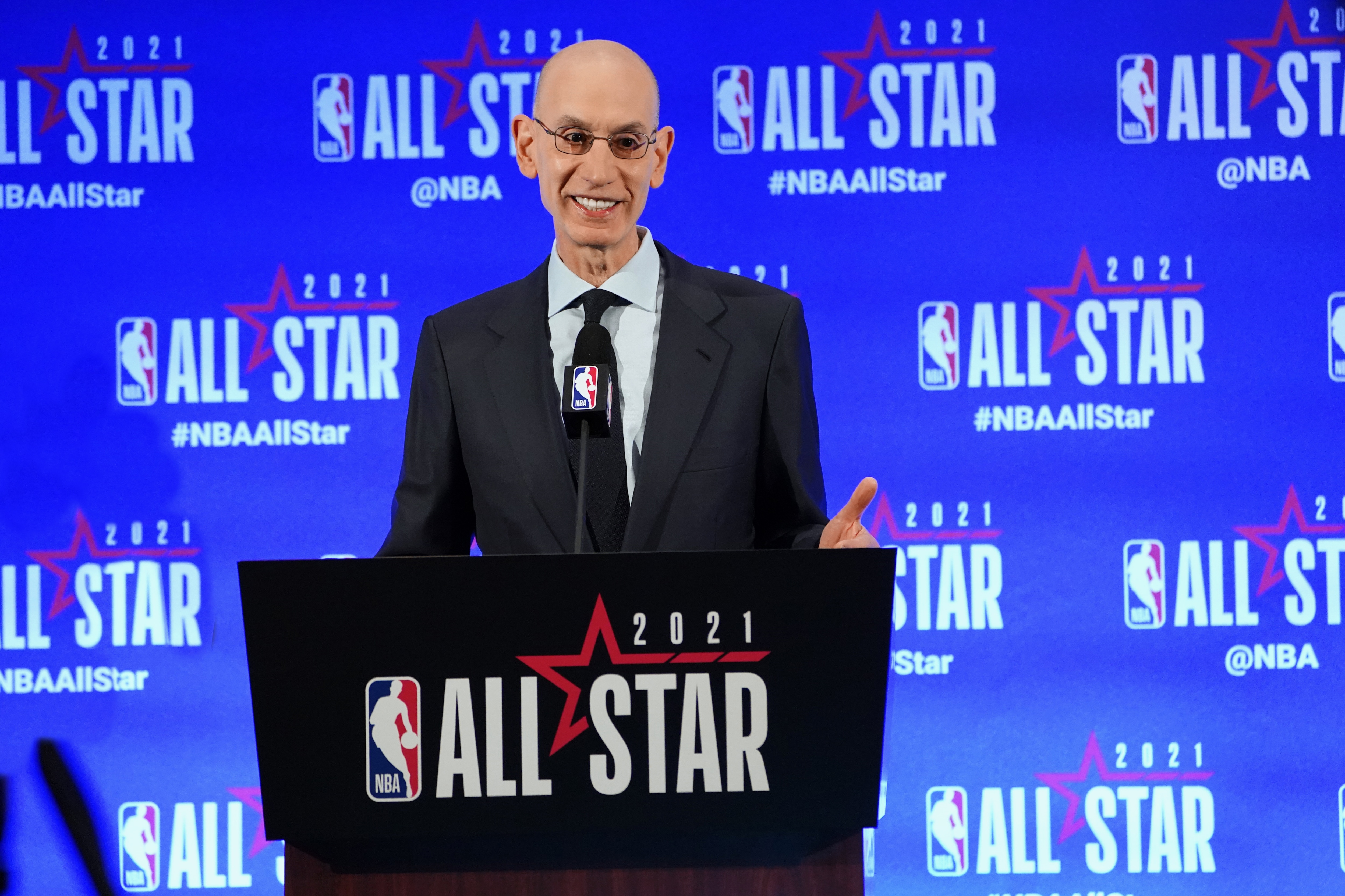 ATLANTA, GA - MARCH 6:  NBA Commissioner Adam Silver speaks to the media during a press conference during the NBA All-Star 2021 on March 6, 2021 at State Farm Arena in Atlanta, Georgia. NOTE TO USER: User expressly acknowledges and agrees that, by downloading and or using this photograph, User is consenting to the terms and conditions of the Getty Images License Agreement. Mandatory Copyright Notice: Copyright 2021 NBAE (Photo by Jesse D. Garrabrant/NBAE via Getty Images)