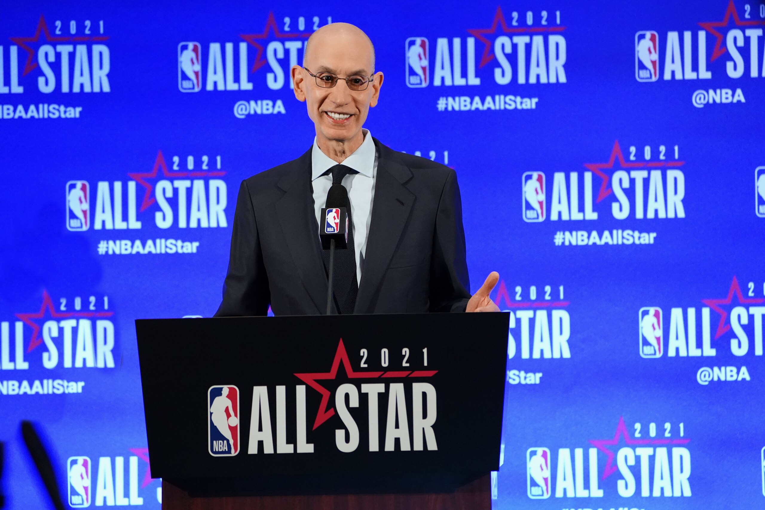 ATLANTA, GA - MARCH 6:  NBA Commissioner Adam Silver speaks to the media during a press conference during the NBA All-Star 2021 on March 6, 2021 at State Farm Arena in Atlanta, Georgia. NOTE TO USER: User expressly acknowledges and agrees that, by downloading and or using this photograph, User is consenting to the terms and conditions of the Getty Images License Agreement. Mandatory Copyright Notice: Copyright 2021 NBAE (Photo by Jesse D. Garrabrant/NBAE via Getty Images)