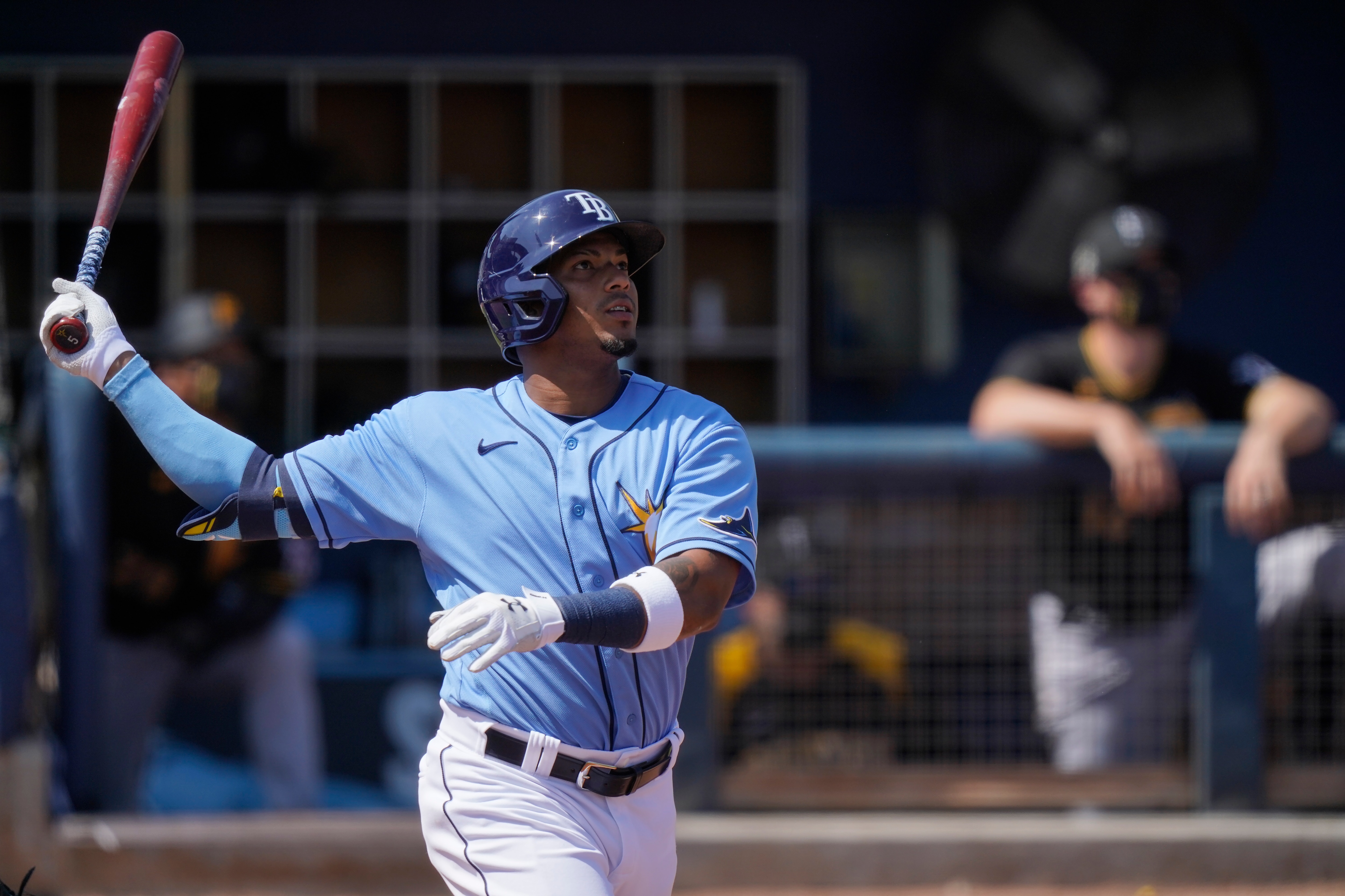 Tampa Bay Rays' Wander Franco, looks up after he hits a home run in the first inning during a spring training baseball game against the Pittsburgh Pirates on Wednesday, March 3, 2021, in Port Charlotte, Fla. (AP Photo/Brynn Anderson)