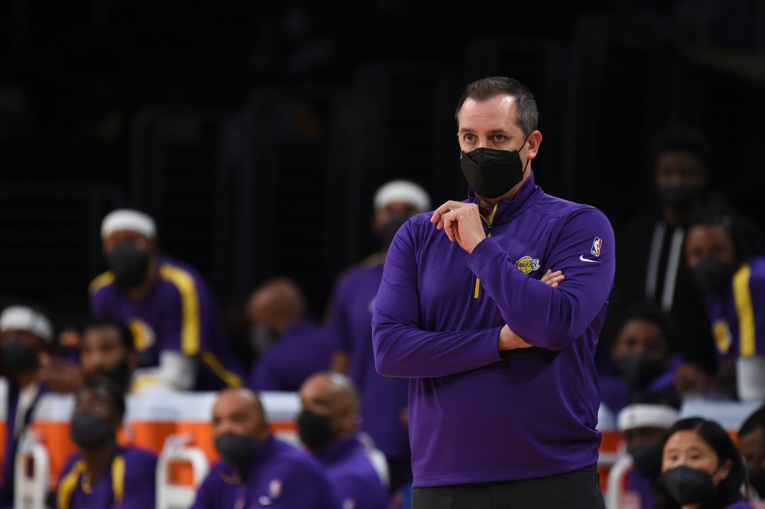 LOS ANGELES, CA - MAY 19: Head Coach Frank Vogel of the Los Angeles Lakers looks on during the game against the Golden State Warriors during the 2021 NBA Play-In Tournament on May 19, 2021 at STAPLES Center in Los Angeles, California. NOTE TO USER: User expressly acknowledges and agrees that, by downloading and/or using this Photograph, user is consenting to the terms and conditions of the Getty Images License Agreement. Mandatory Copyright Notice: Copyright 2021 NBAE (Photo by Juan Ocampo/NBAE via Getty Images) LOS ANGELES, CA - MAY 19: Head Coach Frank Vogel of the Los Angeles Lakers looks on during the game against the Golden State Warriors during the 2021 NBA Play-In Tournament on May 19, 2021 at STAPLES Center in Los Angeles, California. NOTE TO USER: User expressly acknowledges and agrees that, by downloading and/or using this Photograph, user is consenting to the terms and conditions of the Getty Images License Agreement. Mandatory Copyright Notice: Copyright 2021 NBAE (Photo by Juan Ocampo/NBAE via Getty Images)