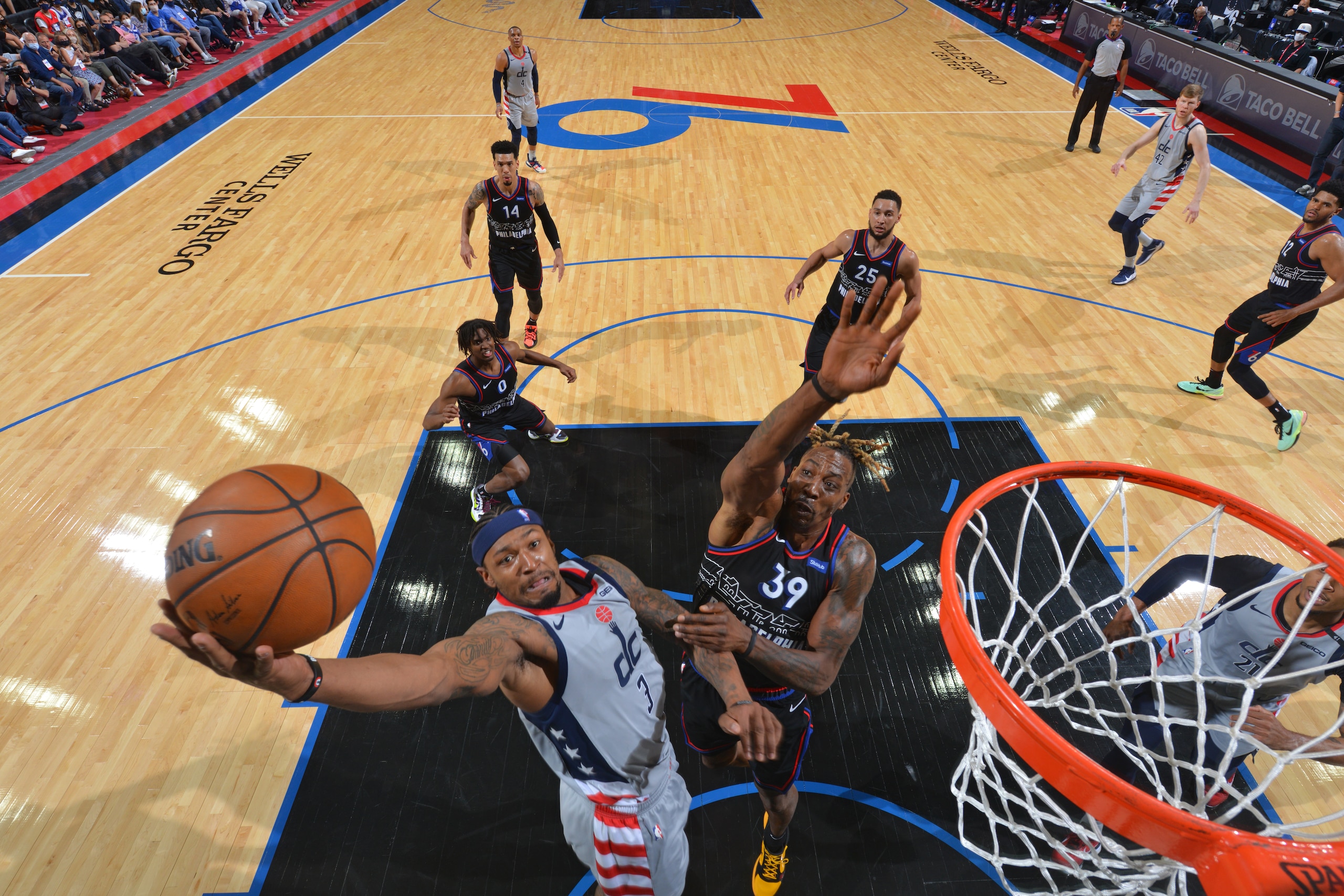 PHILADELPHIA, PA - MAY 23: Bradley Beal #3 of the Washington Wizards shoots the ball against the Philadelphia 76ers during Round One Game One of the Eastern Conference Playoffs on May 23, 2021 at Wells Fargo Center in Philadelphia, Pennsylvania. NOTE TO USER: User expressly acknowledges and agrees that, by downloading and/or using this Photograph, user is consenting to the terms and conditions of the Getty Images License Agreement. Mandatory Copyright Notice: Copyright 2021 NBAE (Photo by Jesse D. Garrabrant/NBAE via Getty Images)