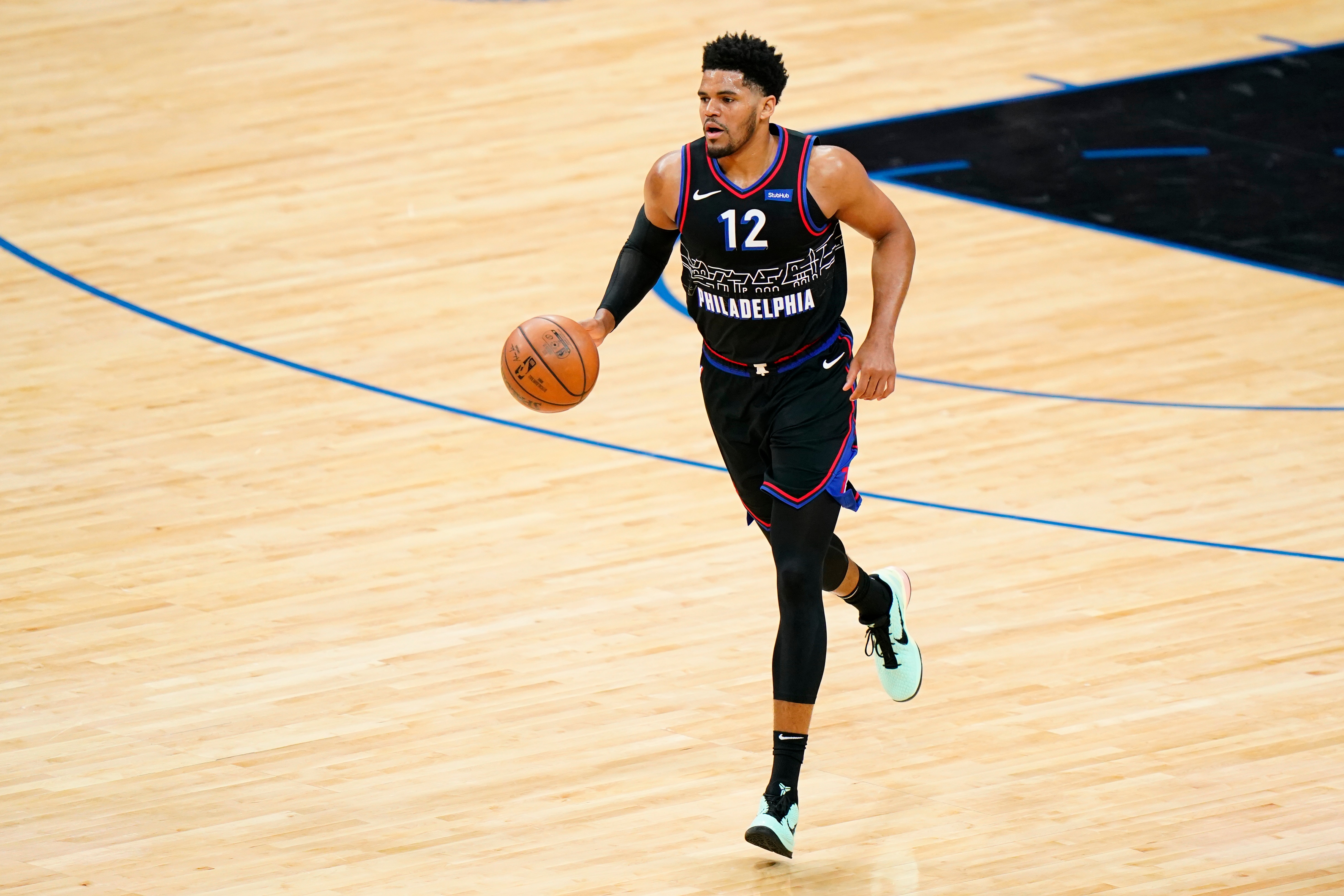 Philadelphia 76ers' Tobias Harris plays during Game 1 of a first-round NBA basketball playoff series against the Washington Wizards, Sunday, May 23, 2021, in Philadelphia. (AP Photo/Matt Slocum)