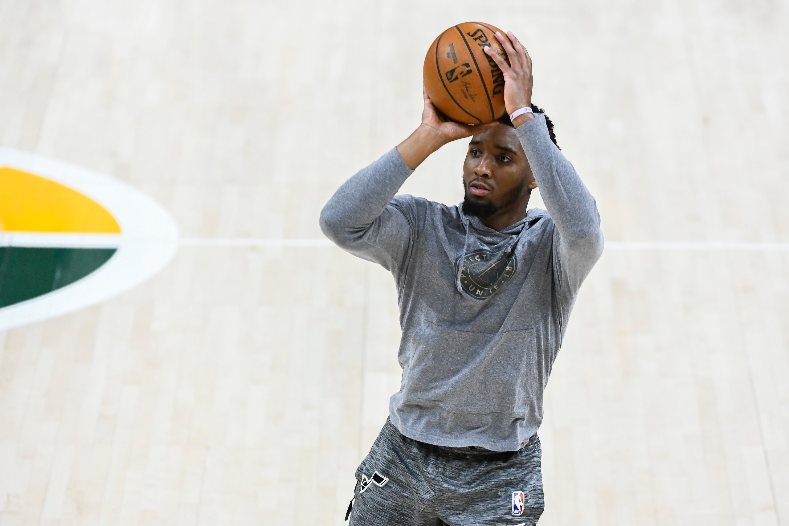 SALT LAKE CITY, UTAH - MAY 23: Donovan Mitchell #45 of the Utah Jazz warms up before Game One of the Western Conference first-round playoff series at Vivint Smart Home Arena on May 23, 2021 in Salt Lake City, Utah. NOTE TO USER: User expressly acknowledges and agrees that, by downloading and/or using this photograph, user is consenting to the terms and conditions of the Getty Images License Agreement. (Photo by Alex Goodlett/Getty Images)