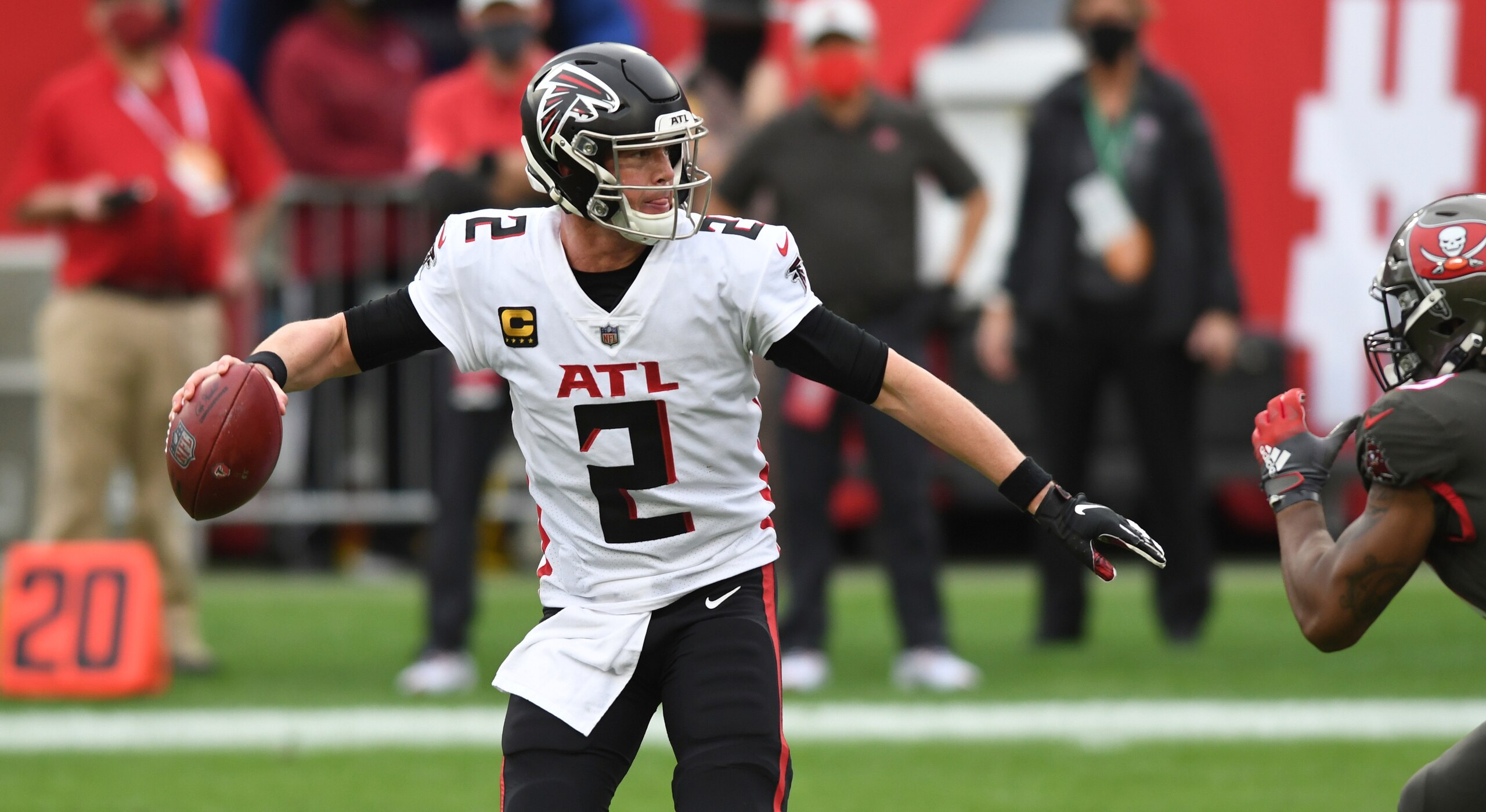 Atlanta Falcons quarterback Matt Ryan (2) looks to pass against the Tampa Bay Buccaneers during the second half of an NFL football game Sunday, Jan. 3, 2021, in Tampa, Fla. (AP Photo/Jason Behnken)