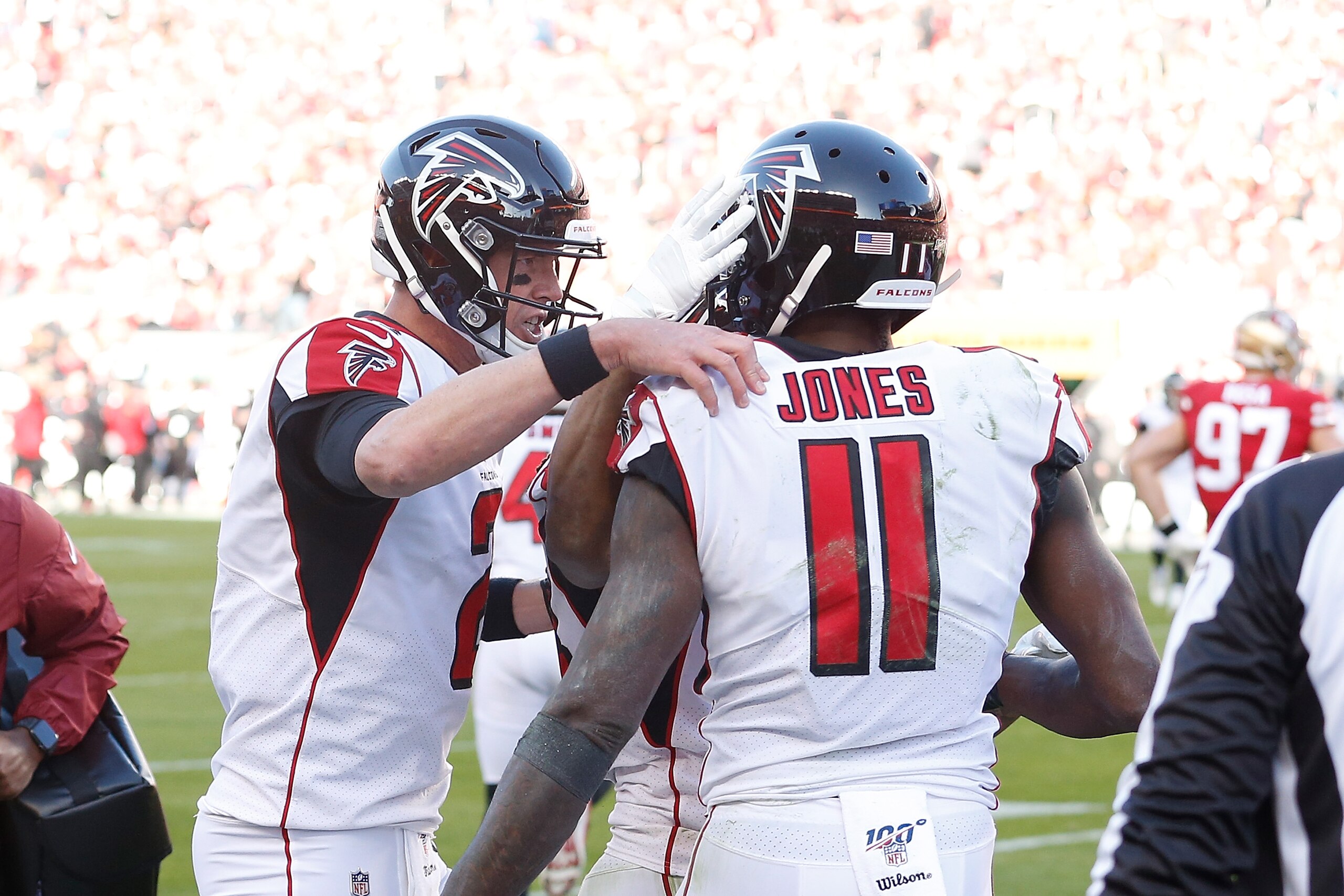 SANTA CLARA, CALIFORNIA - DECEMBER 15: Julio Jones #11 of the Atlanta Falcons celebrates with Matt Ryan #2 after scoring a touchdown in the second quarter against the San Francisco 49ers at Levi's Stadium on December 15, 2019 in Santa Clara, California. (Photo by Lachlan Cunningham/Getty Images)