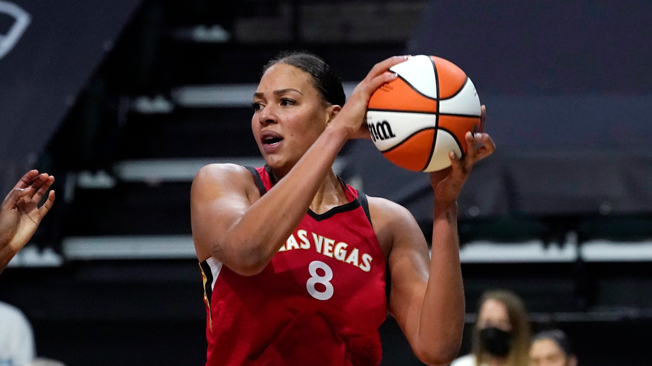 Las Vegas Aces' Liz Cambage in action against the Seattle Storm during a WNBA basketball game Saturday, May 15, 2021, in Everett, Wash. (AP Photo/Elaine Thompson)
