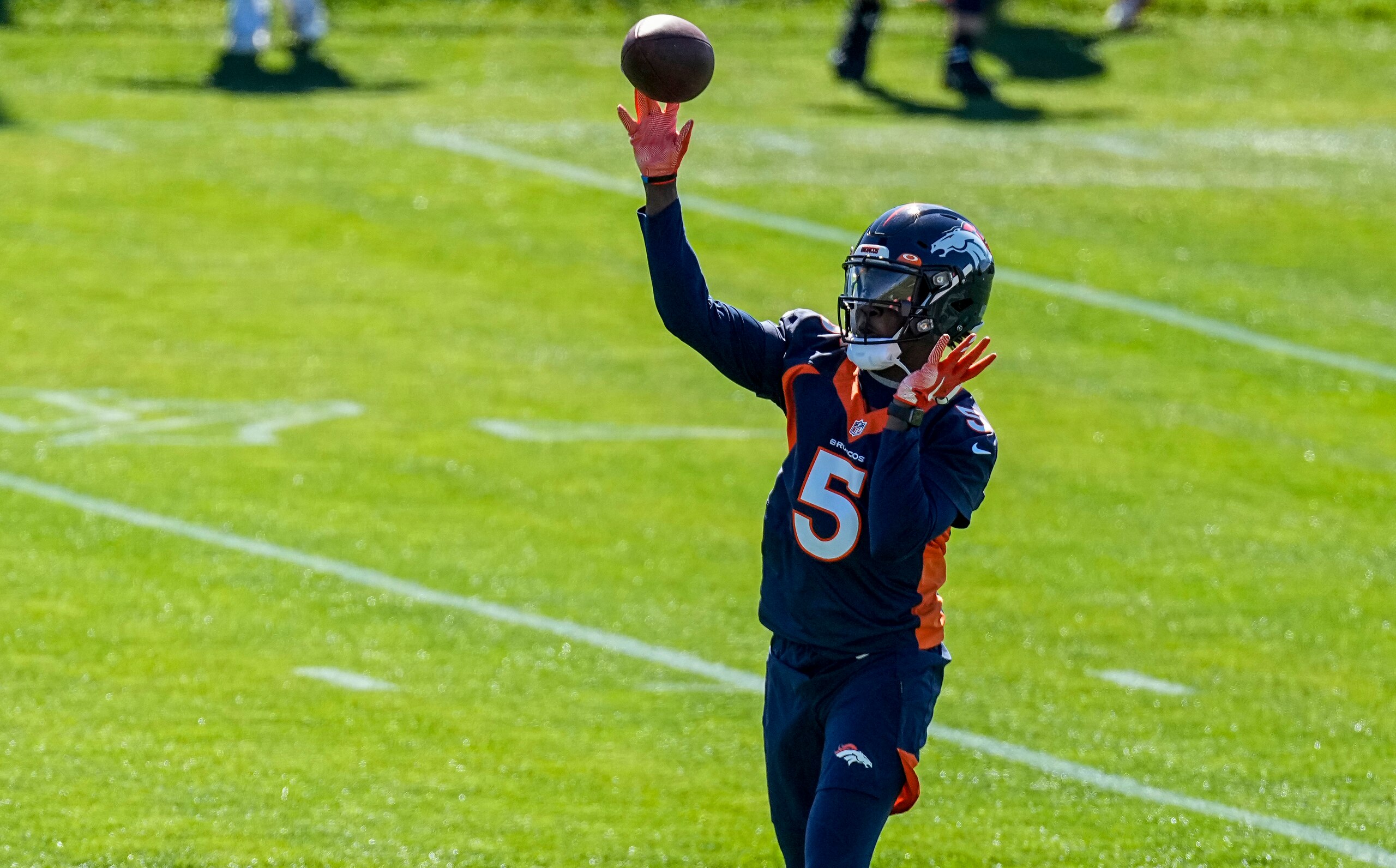 Denver Broncos quarterback Teddy Bridgewater (5), throws during a Denver Broncos OTA at the team's headquarters Monday, May 24, 2021, in Englewood, Colo. (AP Photo/Jack Dempsey)