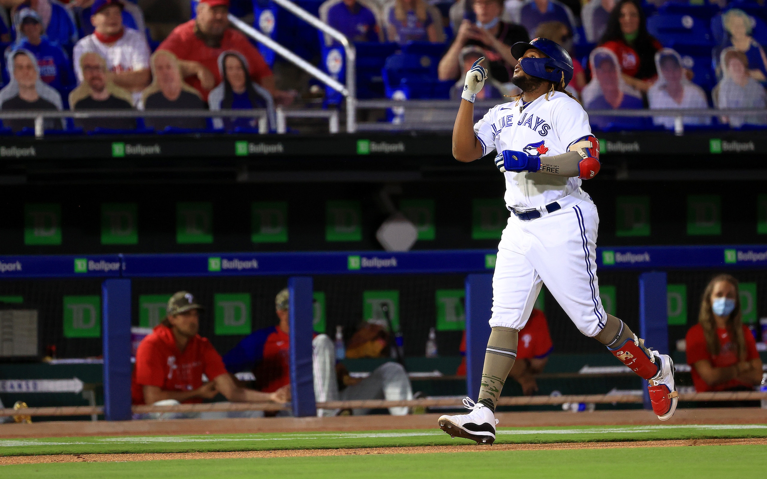 DUNEDIN, FLORIDA - MAY 14: Vladimir Guerrero Jr. #27 of the Toronto Blue Jays celeabrates a one run home run in the sixth inning during a game against the Philadelphia Phillies at TD Ballpark on May 14, 2021 in Dunedin, Florida. (Photo by Mike Ehrmann/Getty Images) DUNEDIN, FLORIDA - MAY 14: Vladimir Guerrero Jr. #27 of the Toronto Blue Jays celeabrates a one run home run in the sixth inning during a game against the Philadelphia Phillies at TD Ballpark on May 14, 2021 in Dunedin, Florida. (Photo by Mike Ehrmann/Getty Images)