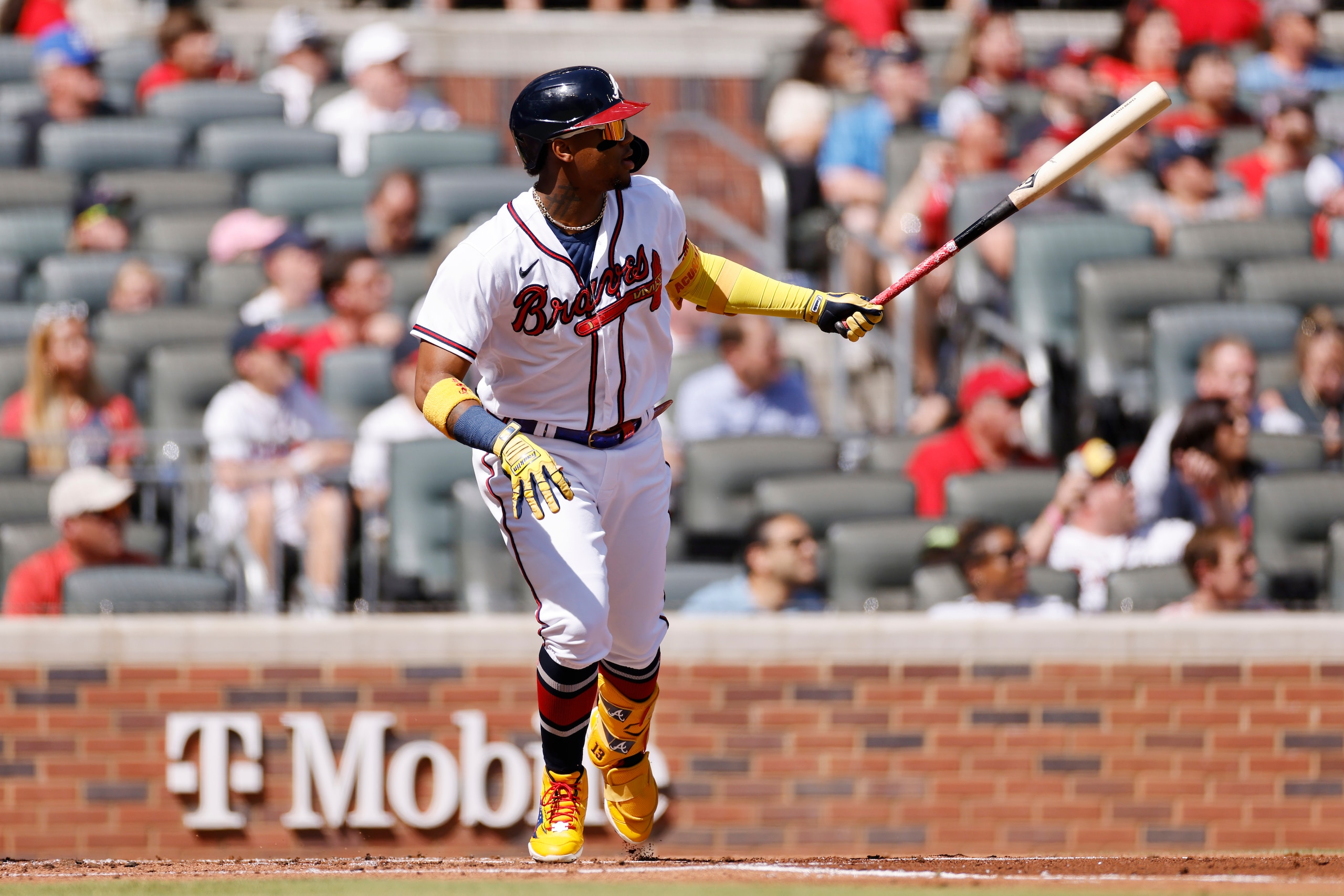 ATLANTA, GA - MAY 22: Atlanta Braves outfielder Ronald Acuna Jr. (13) hits a home run in the first inning of the MLB game against the Pittsburgh Pirates on May 22, 2021 at Truist Park in Atlanta, GA. The Braves defeated the Pirates 6-1. (Photo by Joe Robbins/Icon Sportswire via Getty Images) ATLANTA, GA - MAY 22: Atlanta Braves outfielder Ronald Acuna Jr. (13) hits a home run in the first inning of the MLB game against the Pittsburgh Pirates on May 22, 2021 at Truist Park in Atlanta, GA. The Braves defeated the Pirates 6-1. (Photo by Joe Robbins/Icon Sportswire via Getty Images)