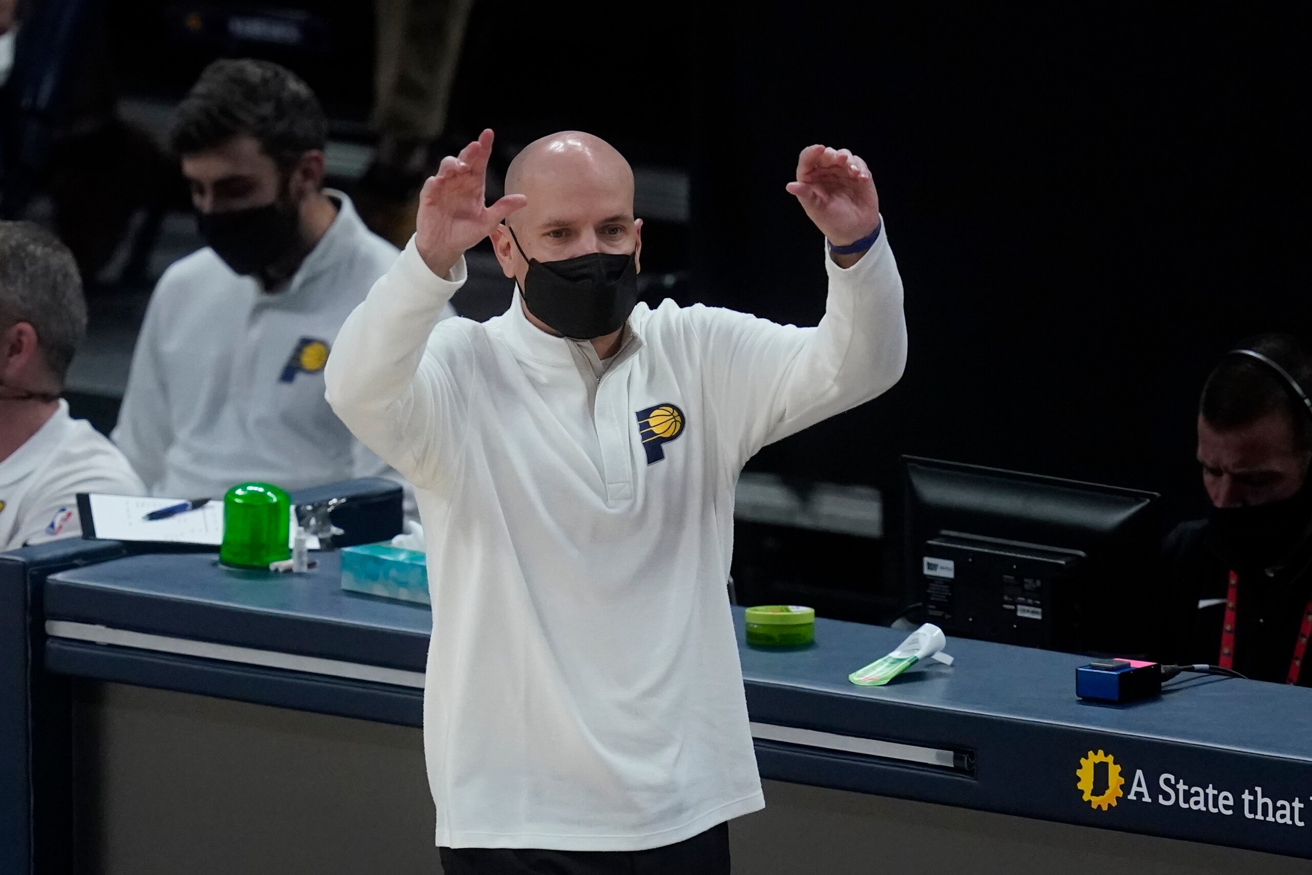 Indiana Pacers head coach Nate Bjorkgren calls a play during the first half of an NBA basketball game against the Atlanta Hawks, Thursday, May 6, 2021, in Indianapolis. (AP Photo/Darron Cummings)