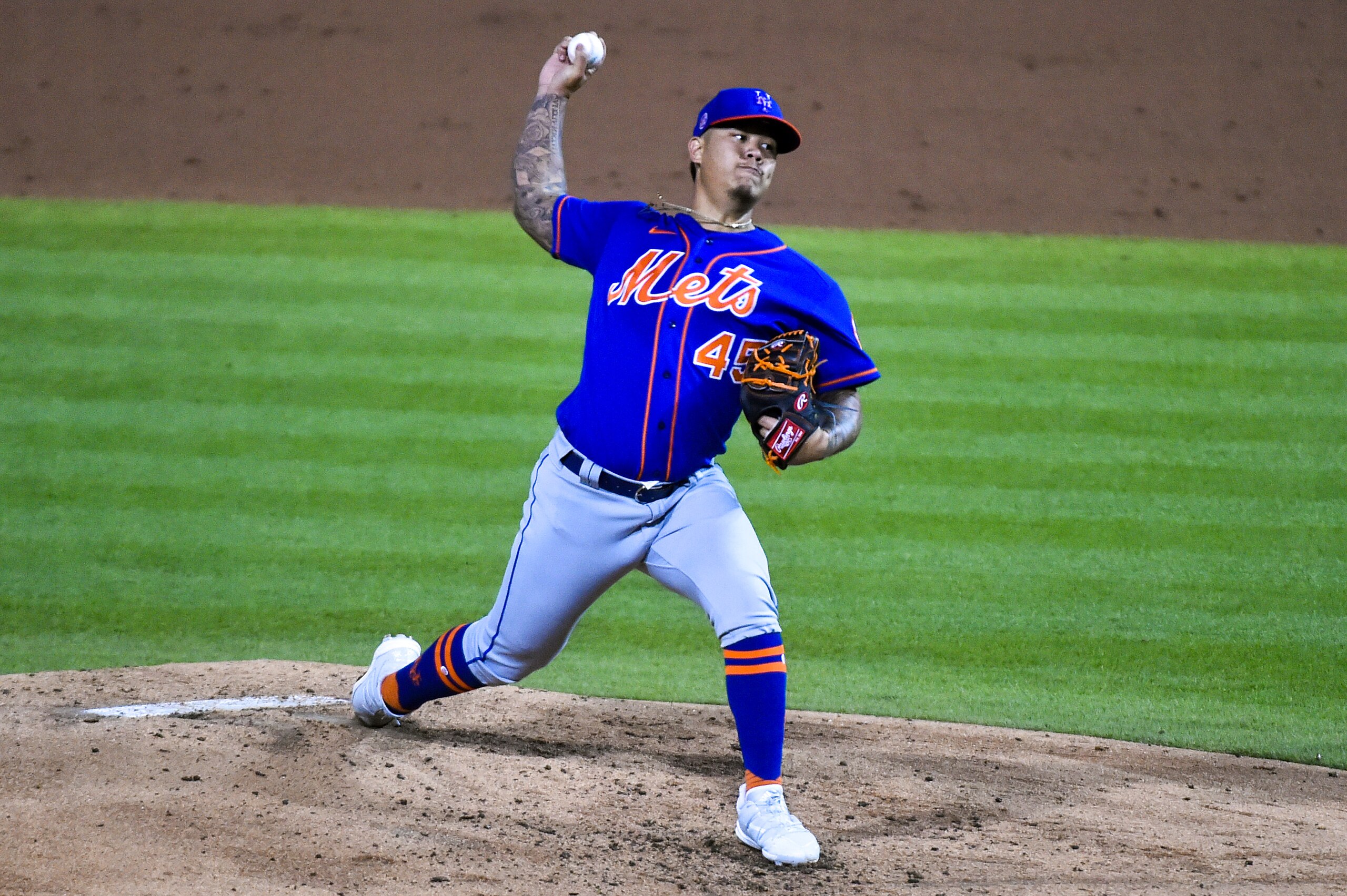 WEST PALM BEACH, FL - MARCH 13: Jordan Yamamoto #45 of the New York Mets throws a pitch during the Spring Training game against the Washington Nationals at The Ballpark of The Palm Beaches on March 13, 2021 in West Palm Beach, Florida. (Photo by Eric Espada/Getty Images) WEST PALM BEACH, FL - MARCH 13: Jordan Yamamoto #45 of the New York Mets throws a pitch during the Spring Training game against the Washington Nationals at The Ballpark of The Palm Beaches on March 13, 2021 in West Palm Beach, Florida. (Photo by Eric Espada/Getty Images)