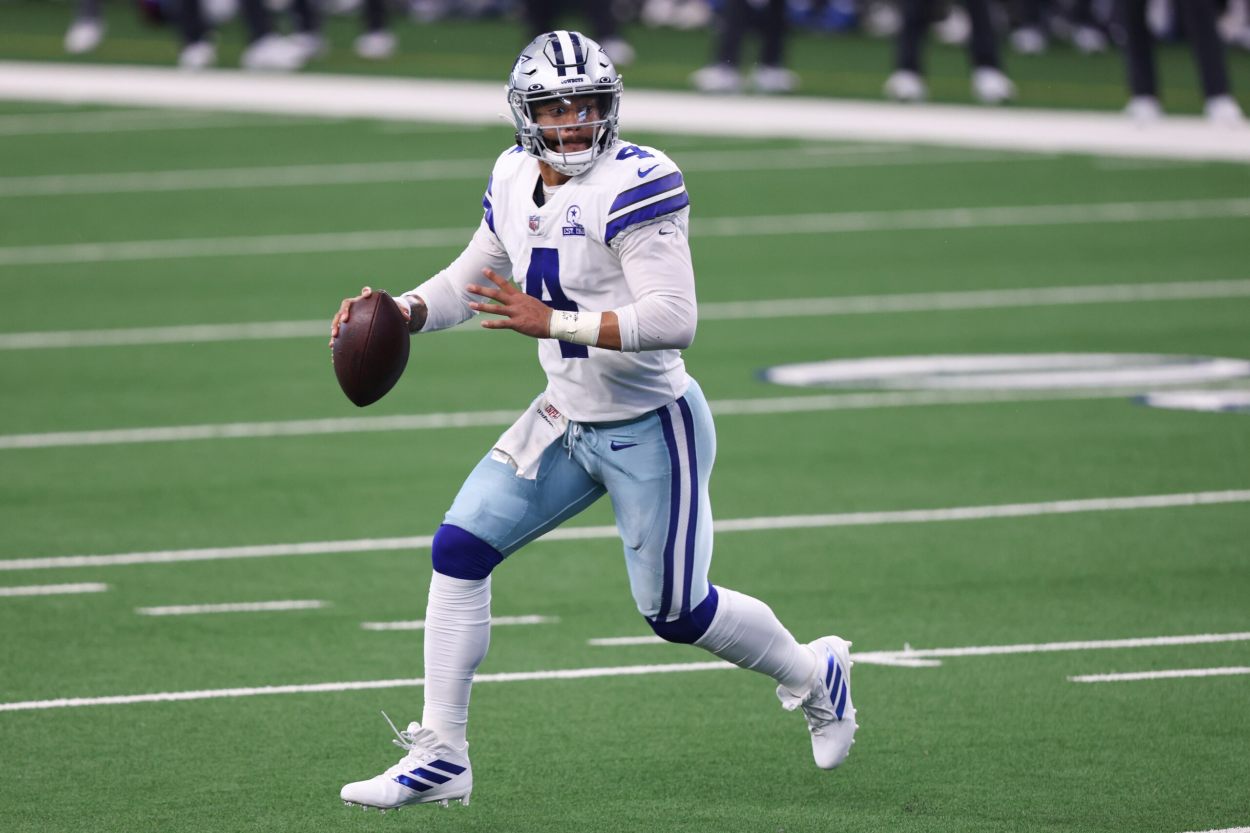 ARLINGTON, TEXAS - OCTOBER 11: Dak Prescott #4 of the Dallas Cowboys attempts a pass against the New York Giants during the second quarter at AT&T Stadium on October 11, 2020 in Arlington, Texas. (Photo by Tom Pennington/Getty Images) ARLINGTON, TEXAS - OCTOBER 11: Dak Prescott #4 of the Dallas Cowboys attempts a pass against the New York Giants during the second quarter at AT&T Stadium on October 11, 2020 in Arlington, Texas. (Photo by Tom Pennington/Getty Images)