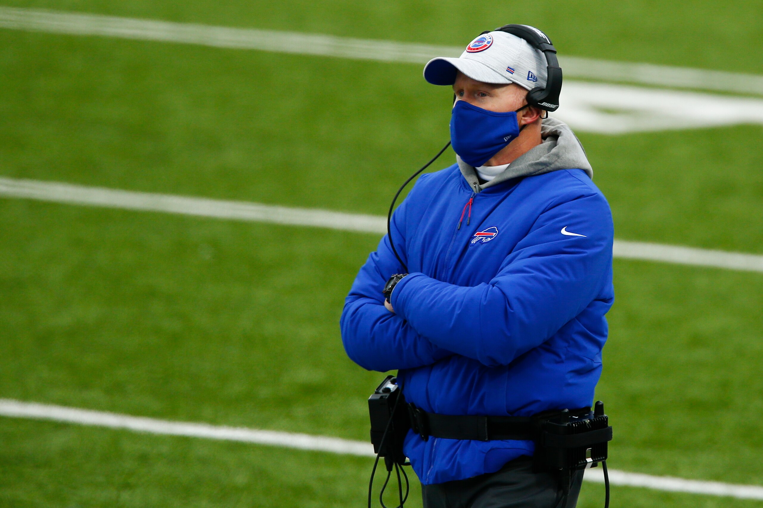 Buffalo Bills head coach Sean McDermott stands on the sideline during the first half of an NFL football game against the Miami Dolphins, Sunday, Jan. 3, 2021, in Orchard Park, N.Y. (AP Photo/John Munson)