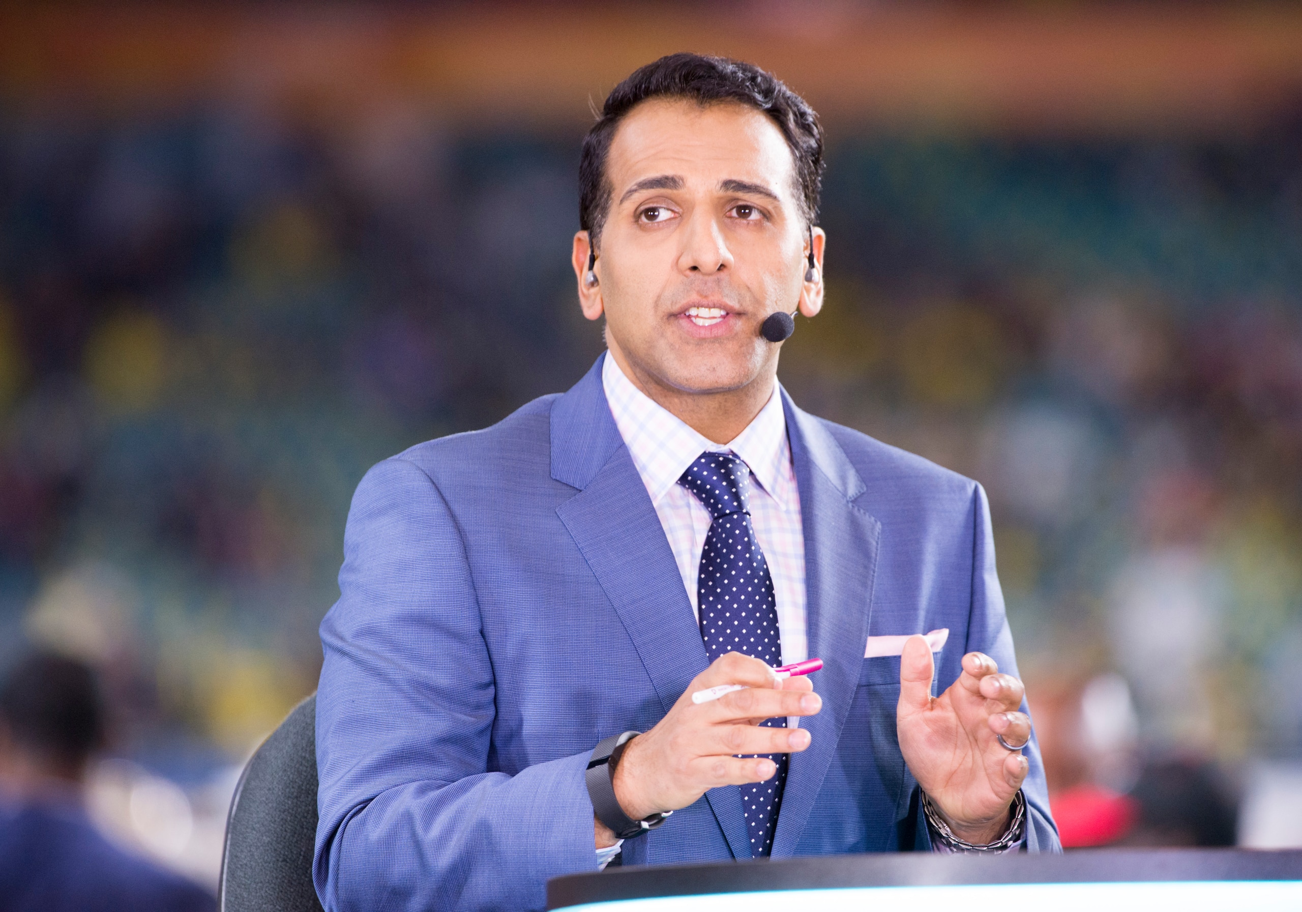 MIAMI GARDENS, FL - DECEMBER 30: ESPN Studio Anchor Adnan Virk during the ESPN College Football Pregame Show for the NCAA Capital One Orange Bowl football game between the Michigan Wolverines and the Florida State Seminoles on December 30, 2016, at the Hard Rock Stadium in Miami Gardens, FL (Photo by Doug Murray/Icon Sportswire via Getty Images)