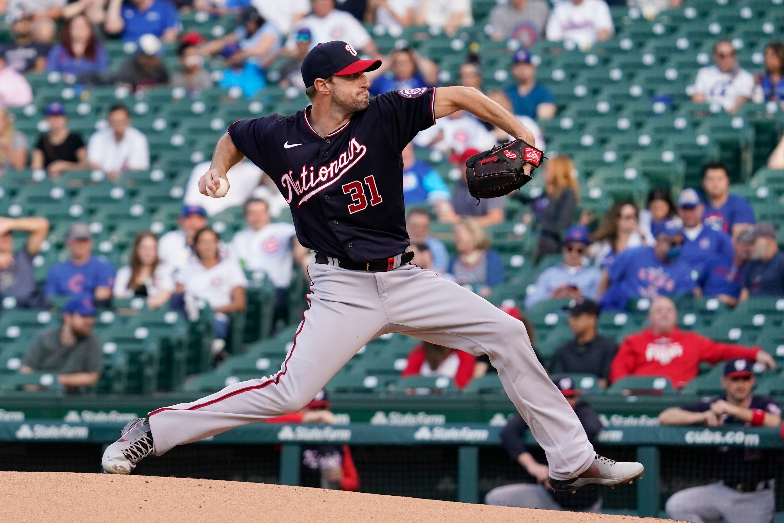 Washington Nationals starting pitcher Max Scherzer throws against the Chicago Cubs during the first inning of a baseball game in Chicago, Wednesday, May 19, 2021. (AP Photo/Nam Y. Huh)