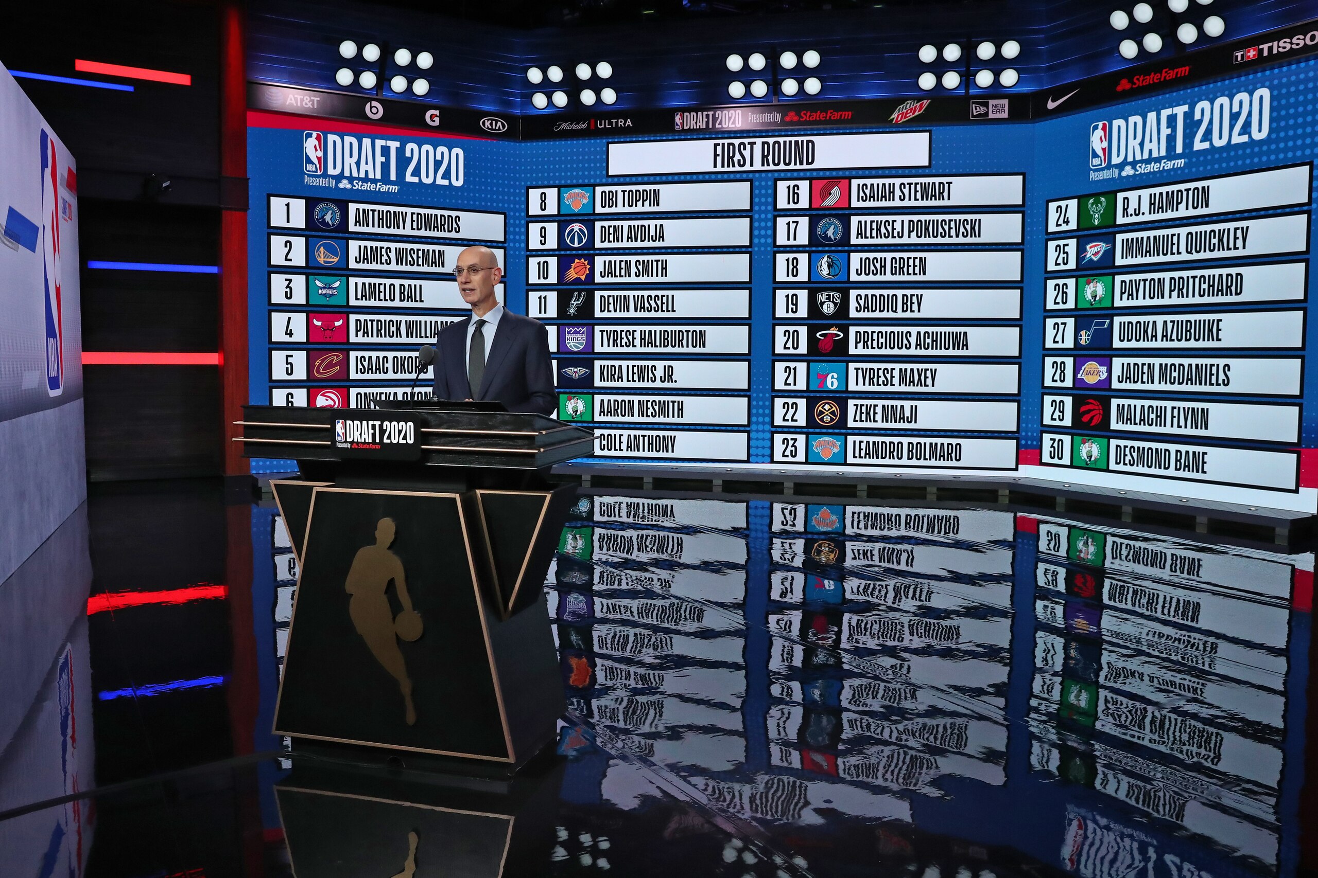 BRISTOL, CT - NOVEMBER 18: NBA Commissioner, Adam Silver stands in front of the board displaying the whole first round during the 2020 NBA Draft on November 18, 2020 in Bristol, Connecticut at ESPN Headquarters. NOTE TO USER: User expressly acknowledges and agrees that, by downloading and/or using this photograph, user is consenting to the terms and conditions of the Getty Images License Agreement. Mandatory Copyright Notice: Copyright 2020 NBAE (Photo by Nathaniel S. Butler/NBAE via Getty Images) BRISTOL, CT - NOVEMBER 18: NBA Commissioner, Adam Silver stands in front of the board displaying the whole first round during the 2020 NBA Draft on November 18, 2020 in Bristol, Connecticut at ESPN Headquarters. NOTE TO USER: User expressly acknowledges and agrees that, by downloading and/or using this photograph, user is consenting to the terms and conditions of the Getty Images License Agreement. Mandatory Copyright Notice: Copyright 2020 NBAE (Photo by Nathaniel S. Butler/NBAE via Getty Images)