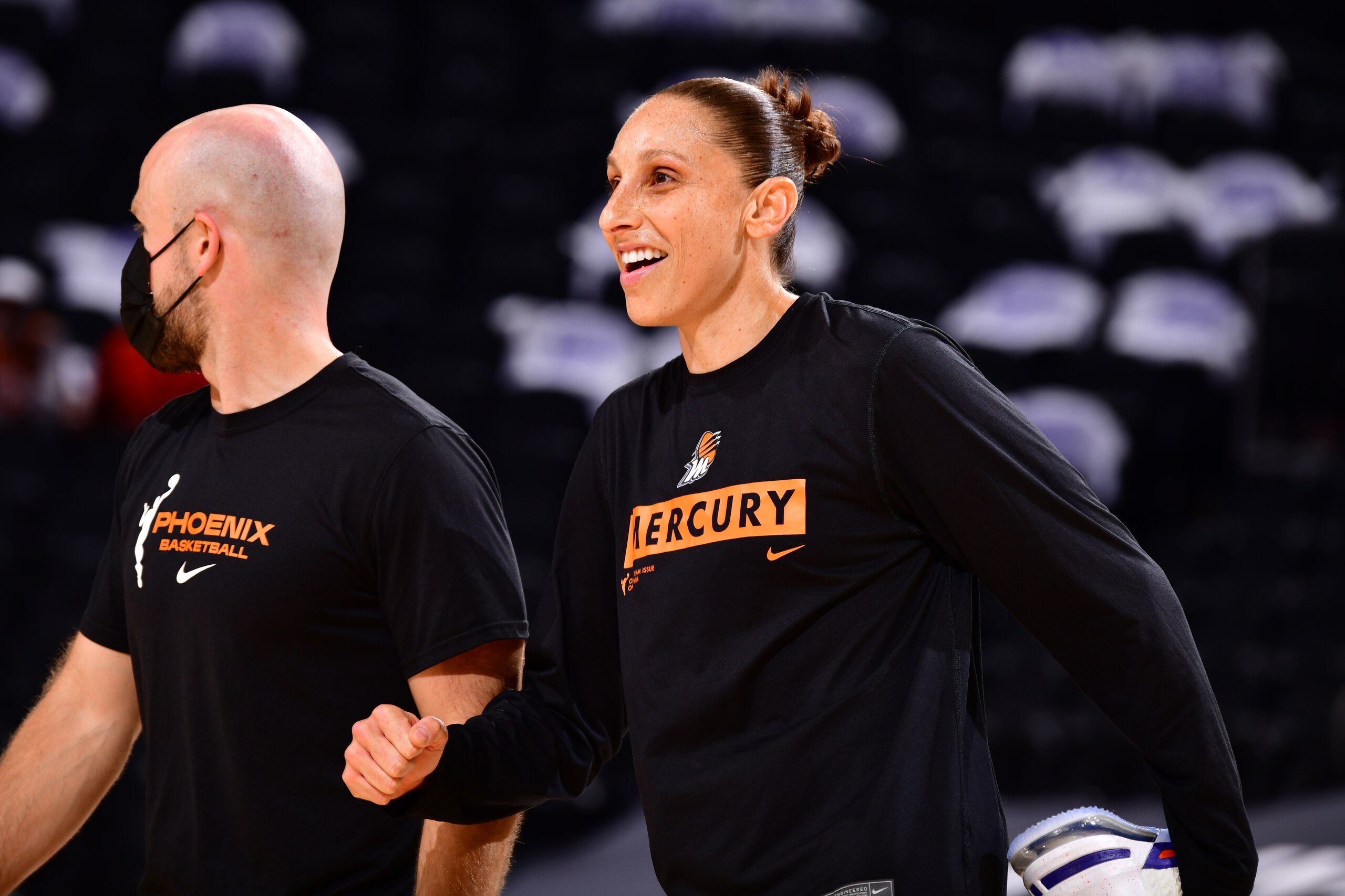 PHOENIX, AZ - MAY 21: Diana Taurasi #3 of the Phoenix Mercury smiles before the game against the Connecticut Sun on MAY 21, 2021 at Phoenix Suns Arena in Phoenix, Arizona. NOTE TO USER: User expressly acknowledges and agrees that, by downloading and or using this photograph, user is consenting to the terms and conditions of the Getty Images License Agreement. Mandatory Copyright Notice: Copyright 2021 NBAE (Photo by Barry Gossage/NBAE via Getty Images)