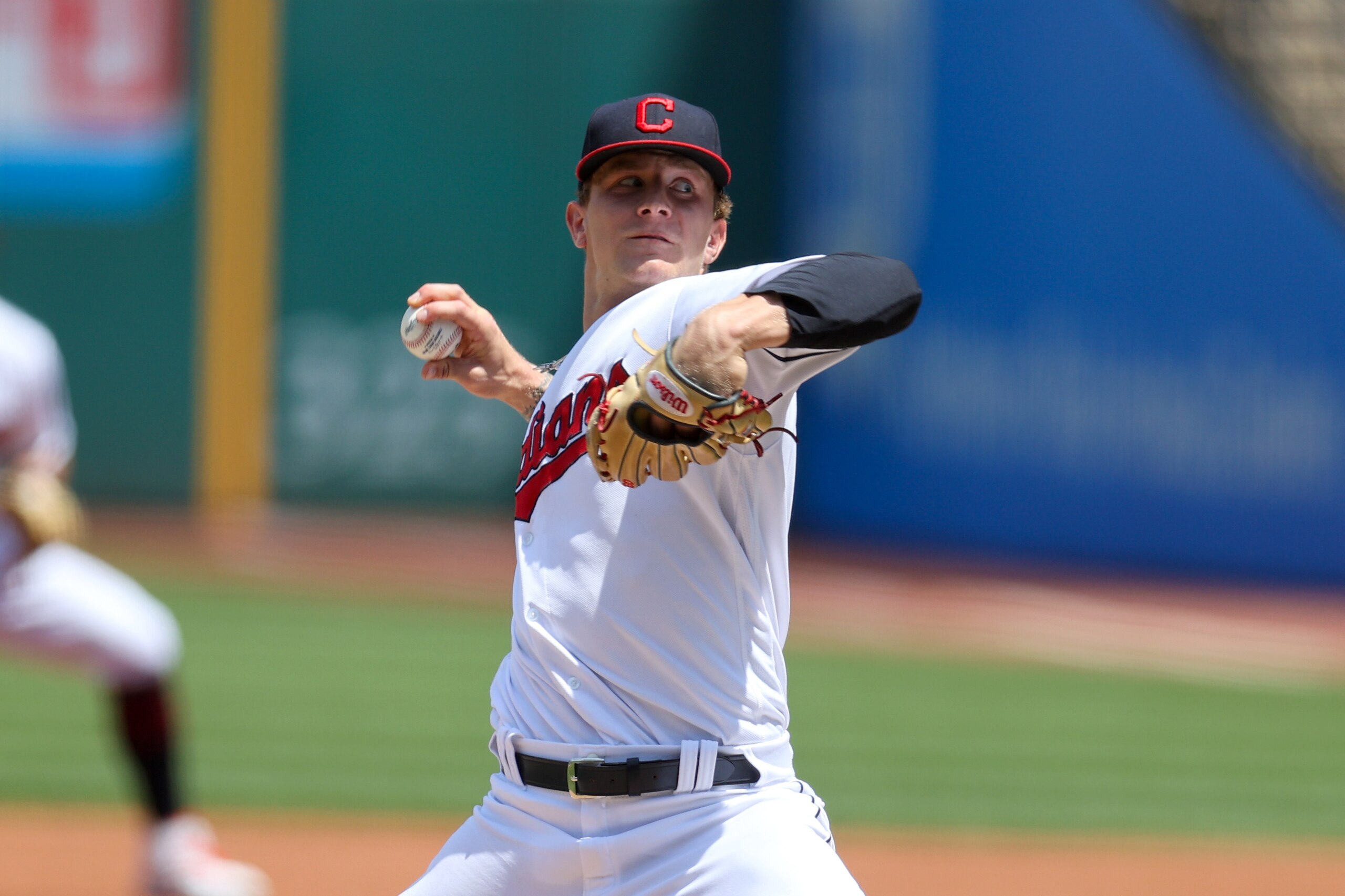 CLEVELAND, OH - MAY 23: Cleveland Indians pitcher Zach Plesac (34) delivers a pitch to the plate during the first inning of the Major League Baseball game between the Minnesota Twins and Cleveland Indians on May 23, 2021, at Progressive Field in Cleveland, OH. (Photo by Frank Jansky/Icon Sportswire via Getty Images)